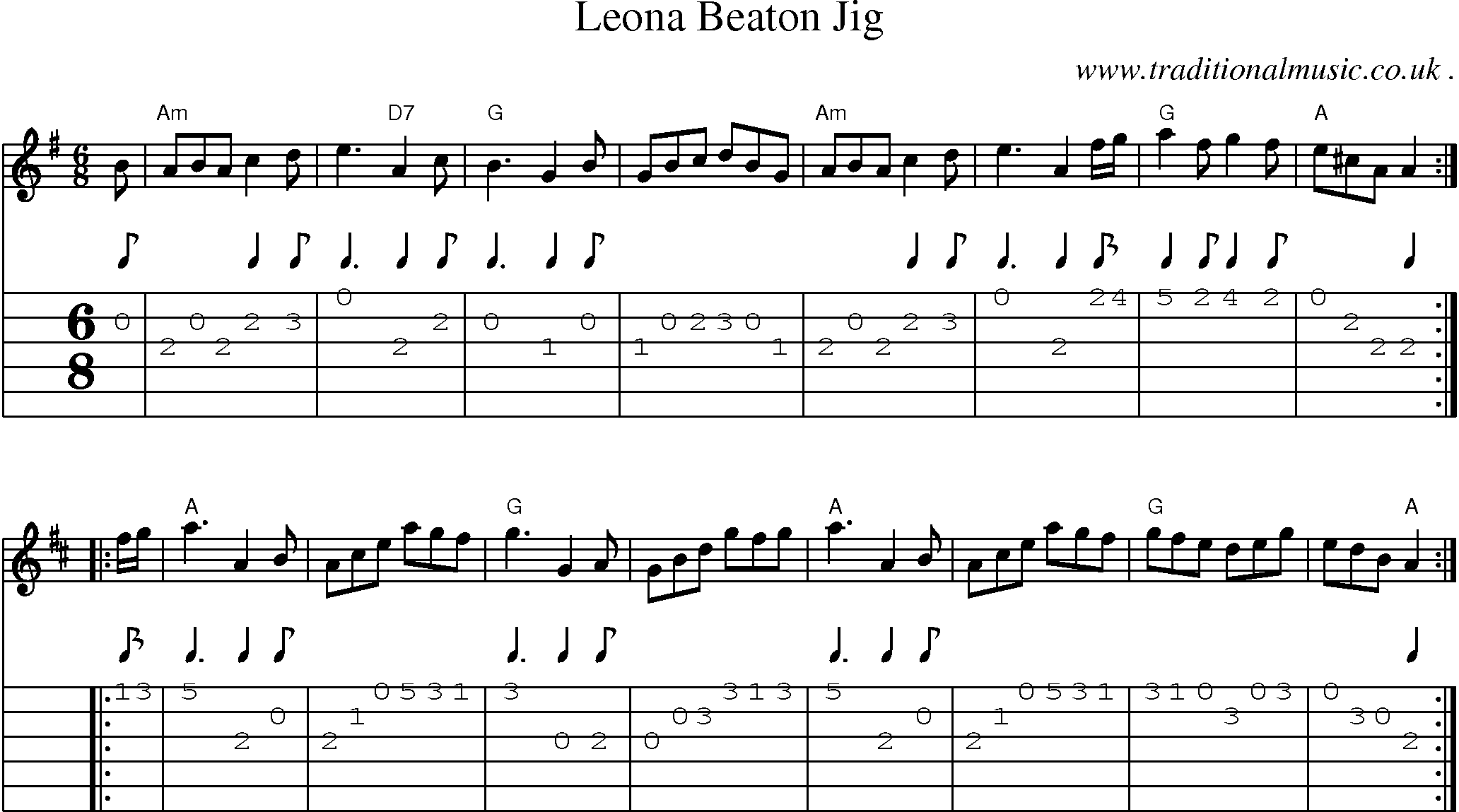 Sheet-music  score, Chords and Guitar Tabs for Leona Beaton Jig