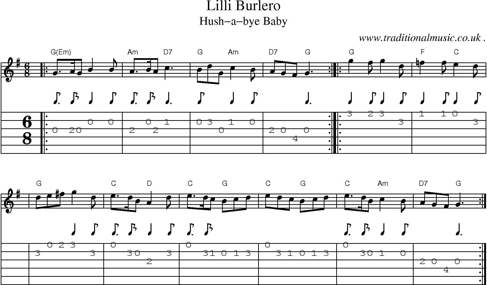 Sheet-music  score, Chords and Guitar Tabs for Lilli Burlero