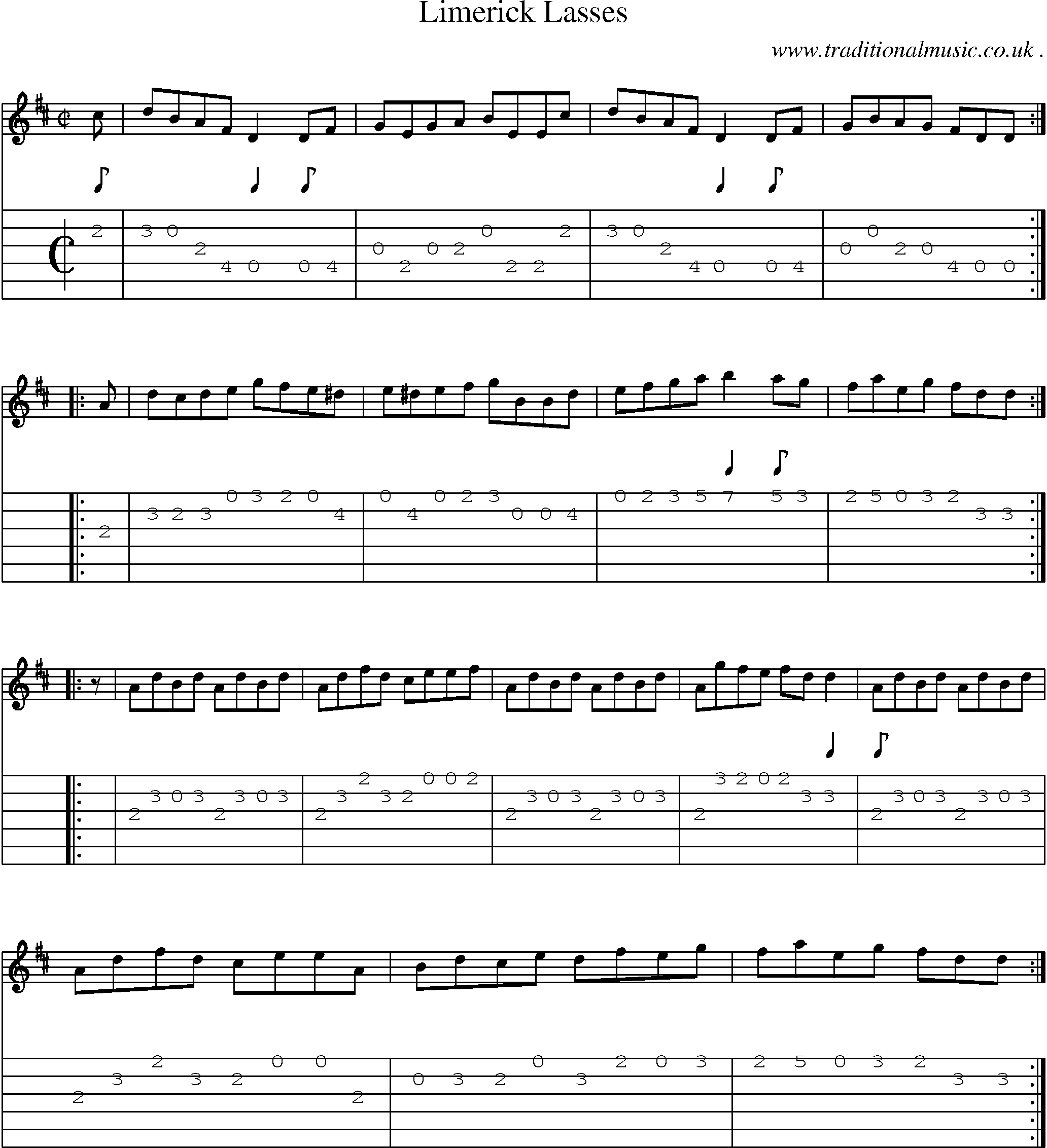 Sheet-music  score, Chords and Guitar Tabs for Limerick Lasses