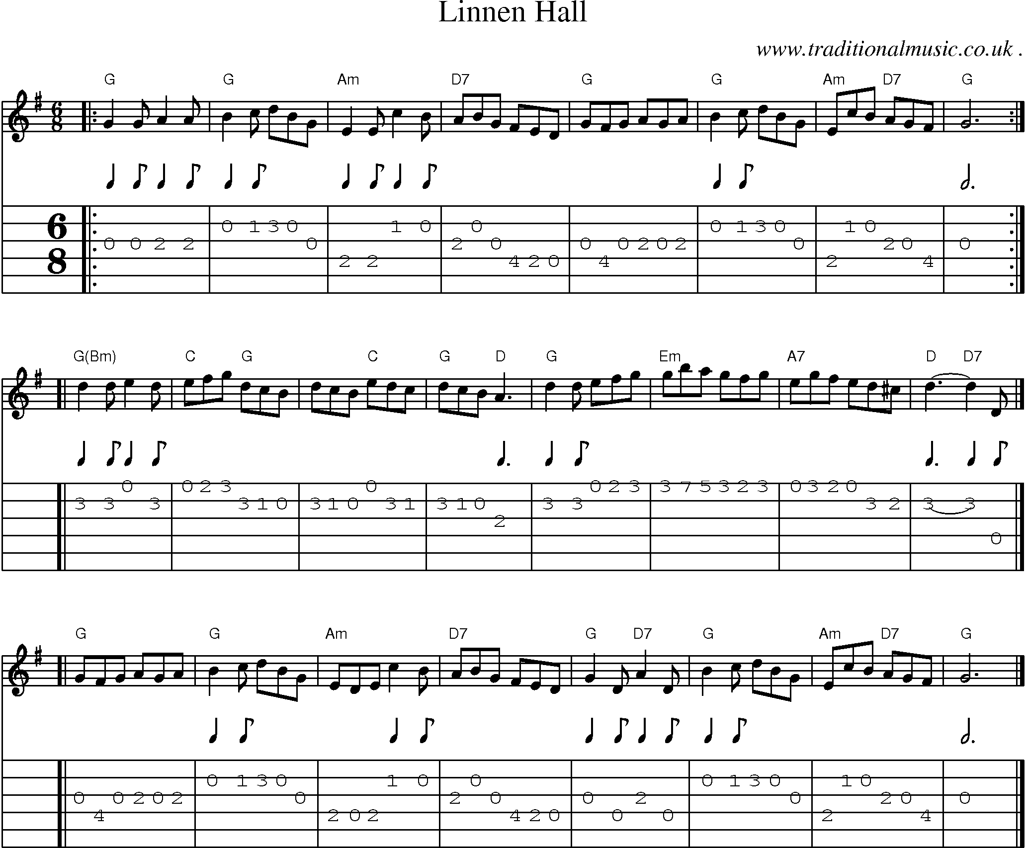 Sheet-music  score, Chords and Guitar Tabs for Linnen Hall
