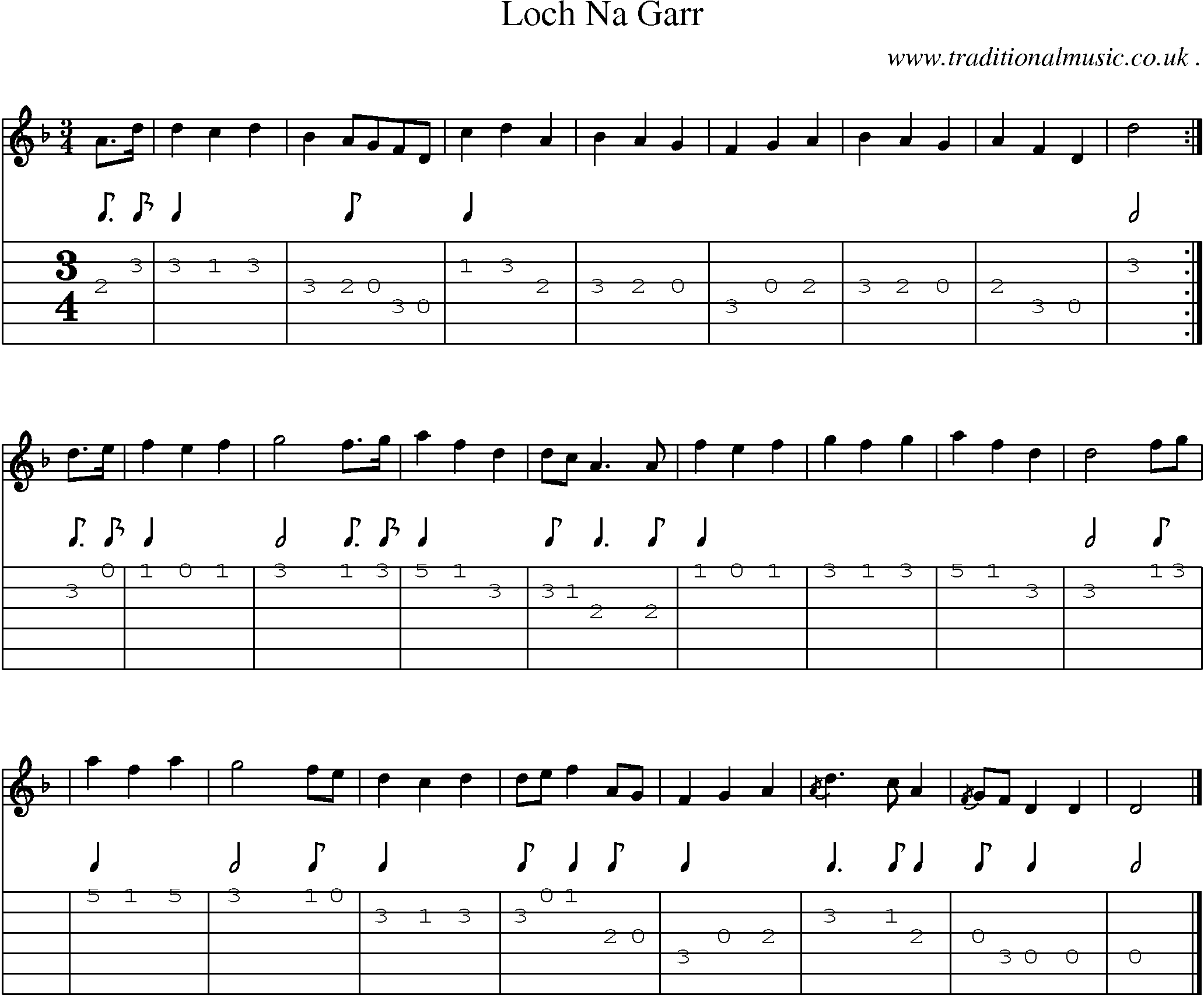 Sheet-music  score, Chords and Guitar Tabs for Loch Na Garr