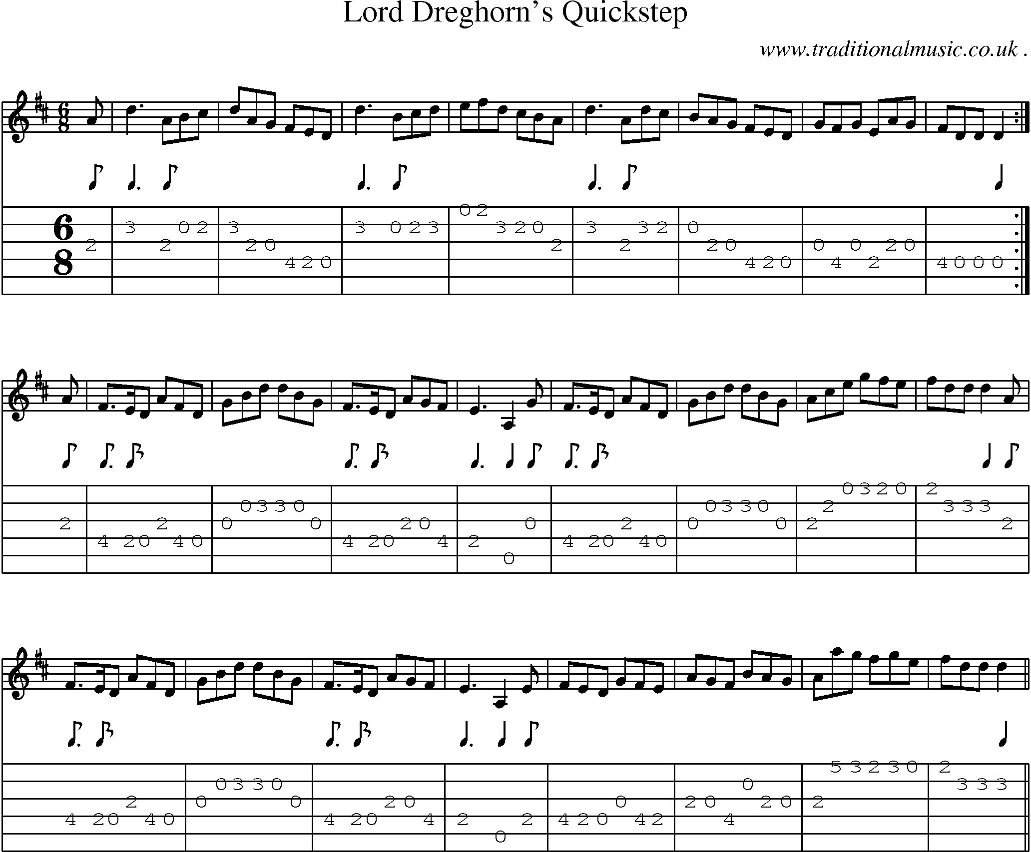 Sheet-music  score, Chords and Guitar Tabs for Lord Dreghorns Quickstep