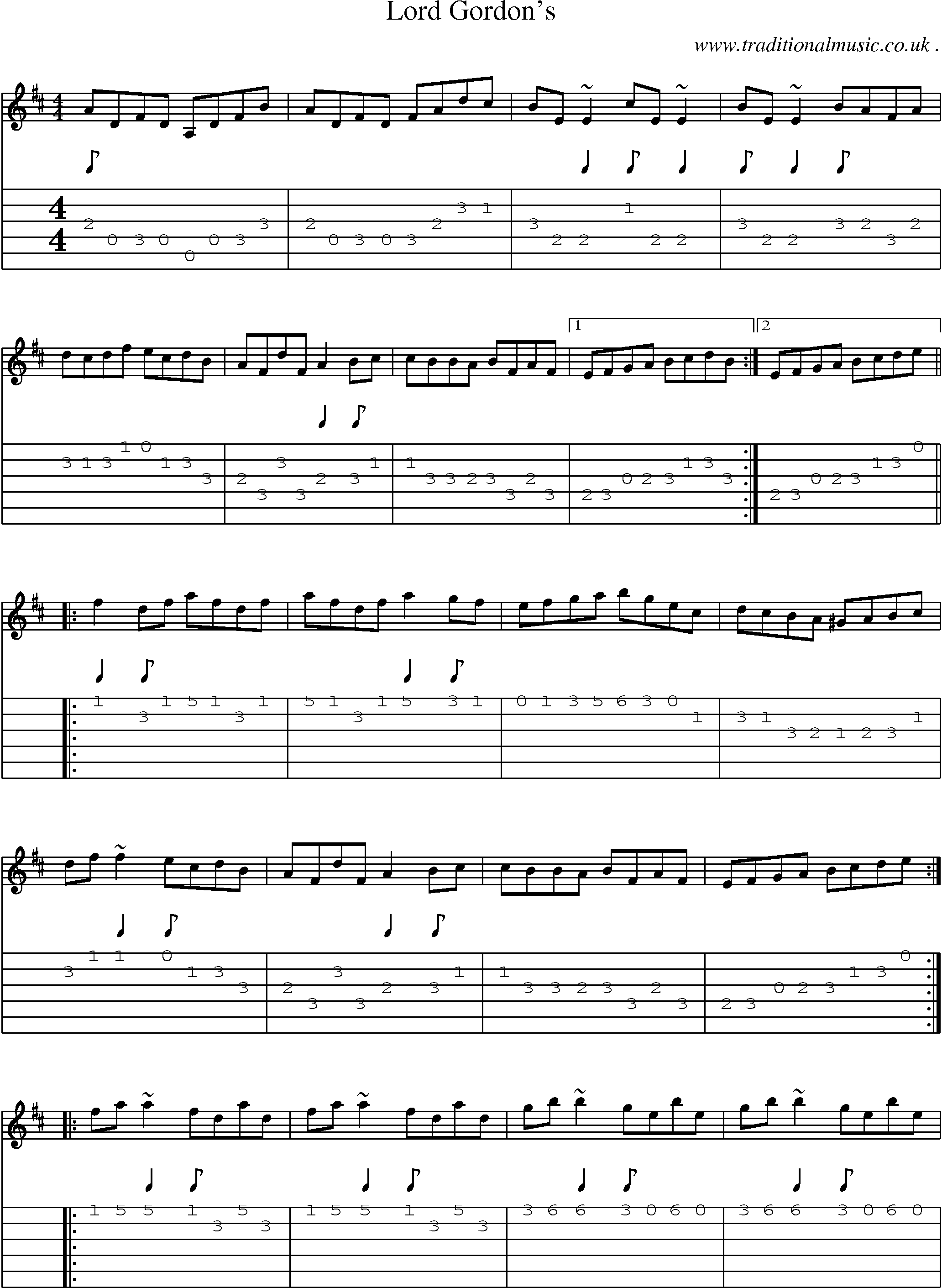 Sheet-music  score, Chords and Guitar Tabs for Lord Gordons