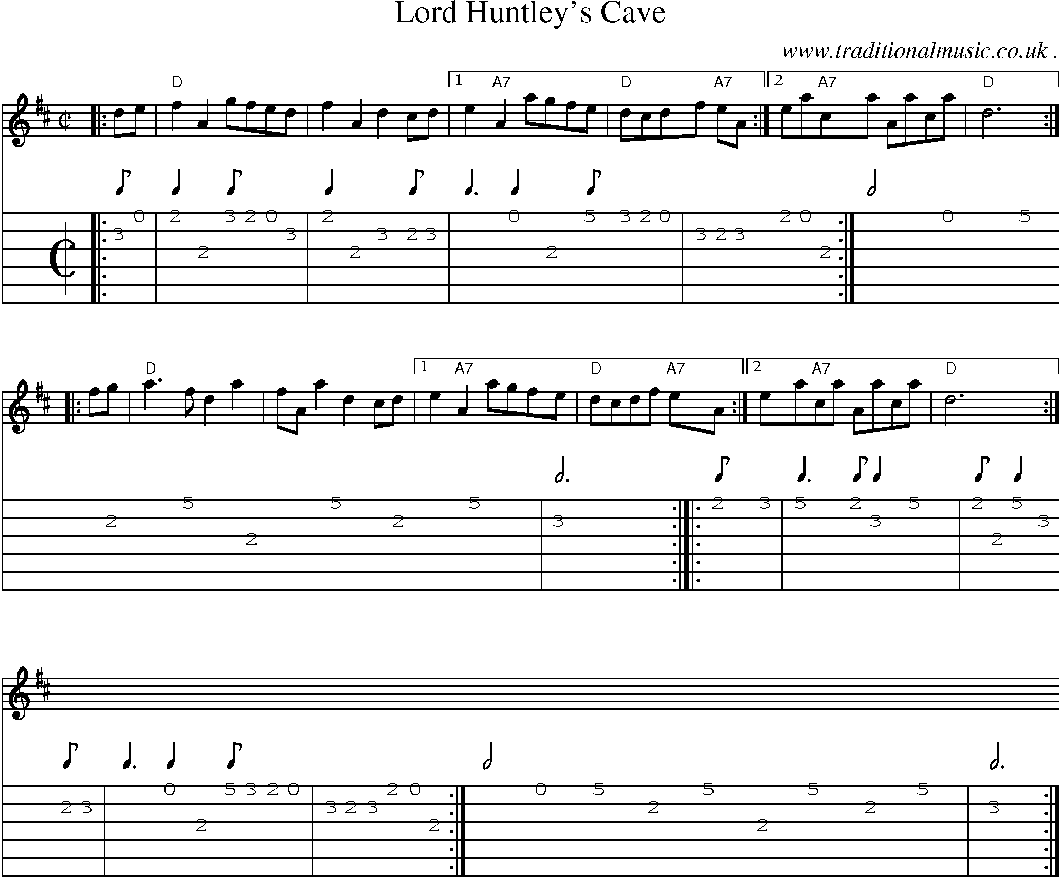 Sheet-music  score, Chords and Guitar Tabs for Lord Huntleys Cave
