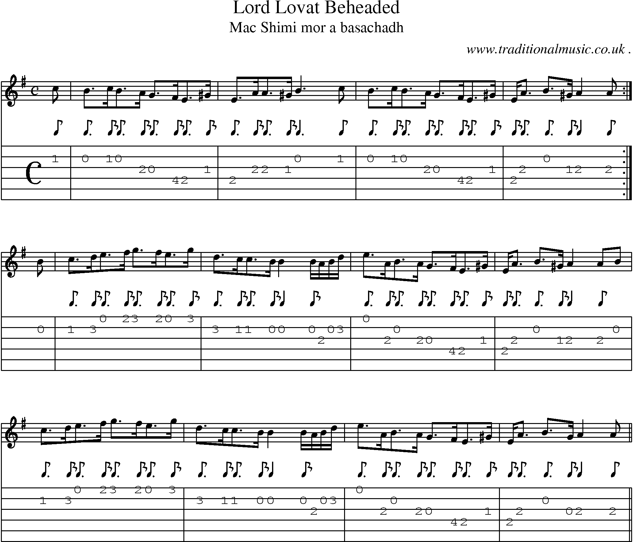 Sheet-music  score, Chords and Guitar Tabs for Lord Lovat Beheaded
