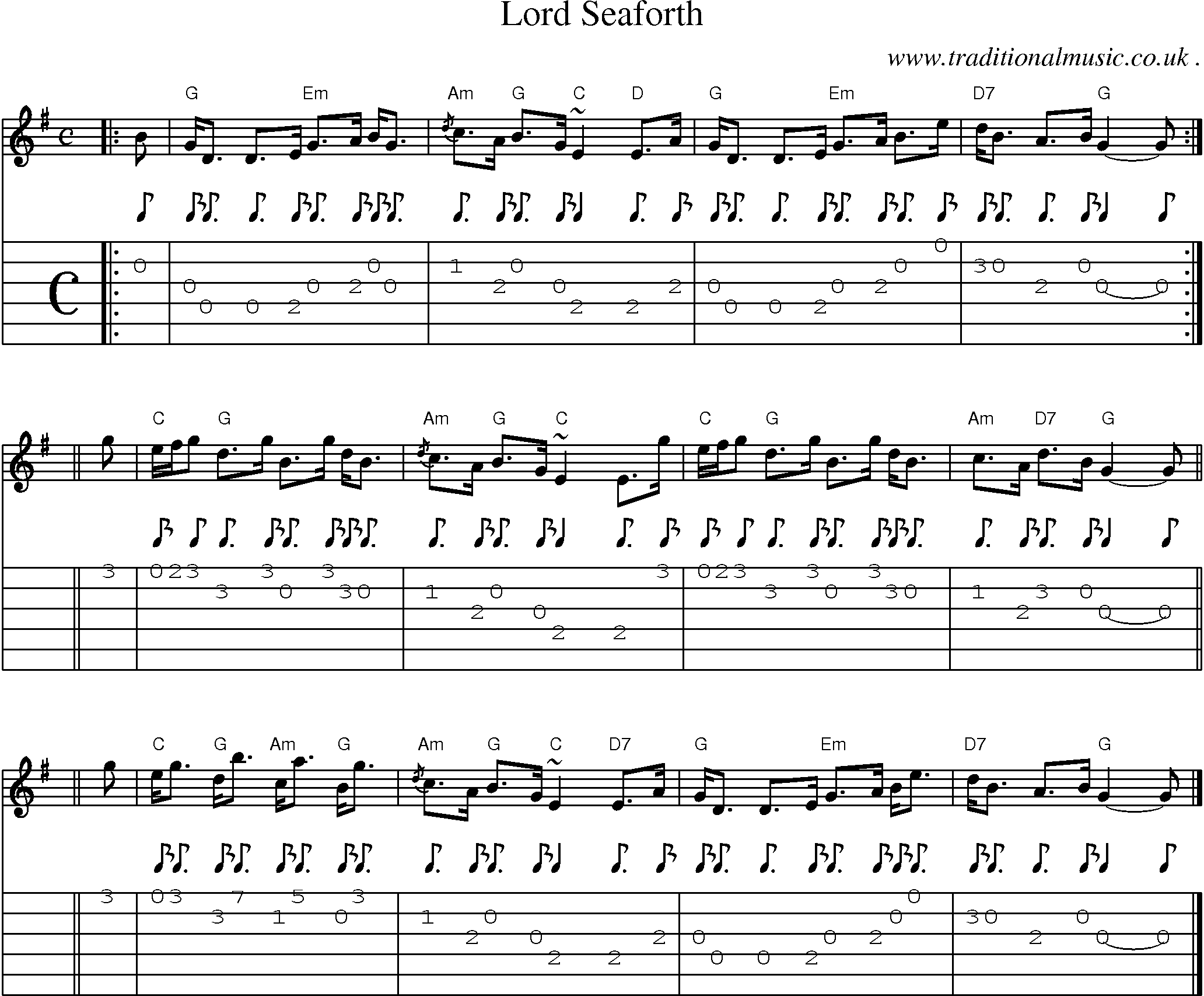 Sheet-music  score, Chords and Guitar Tabs for Lord Seaforth