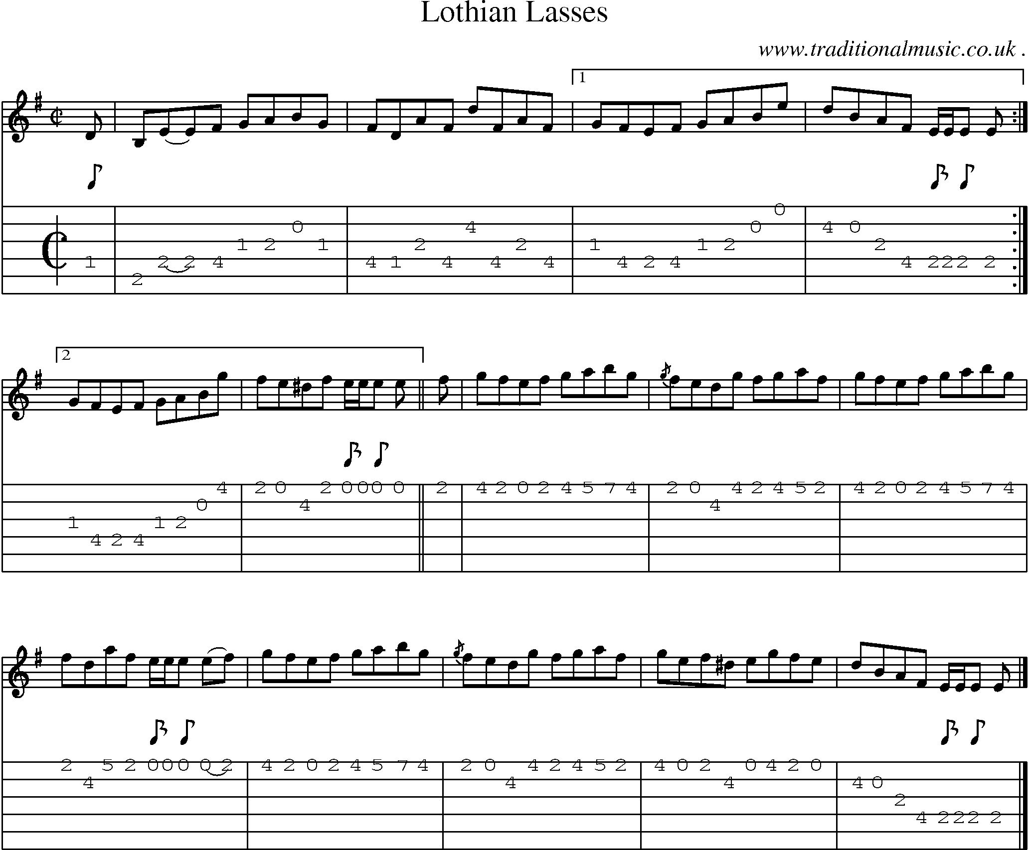 Sheet-music  score, Chords and Guitar Tabs for Lothian Lasses