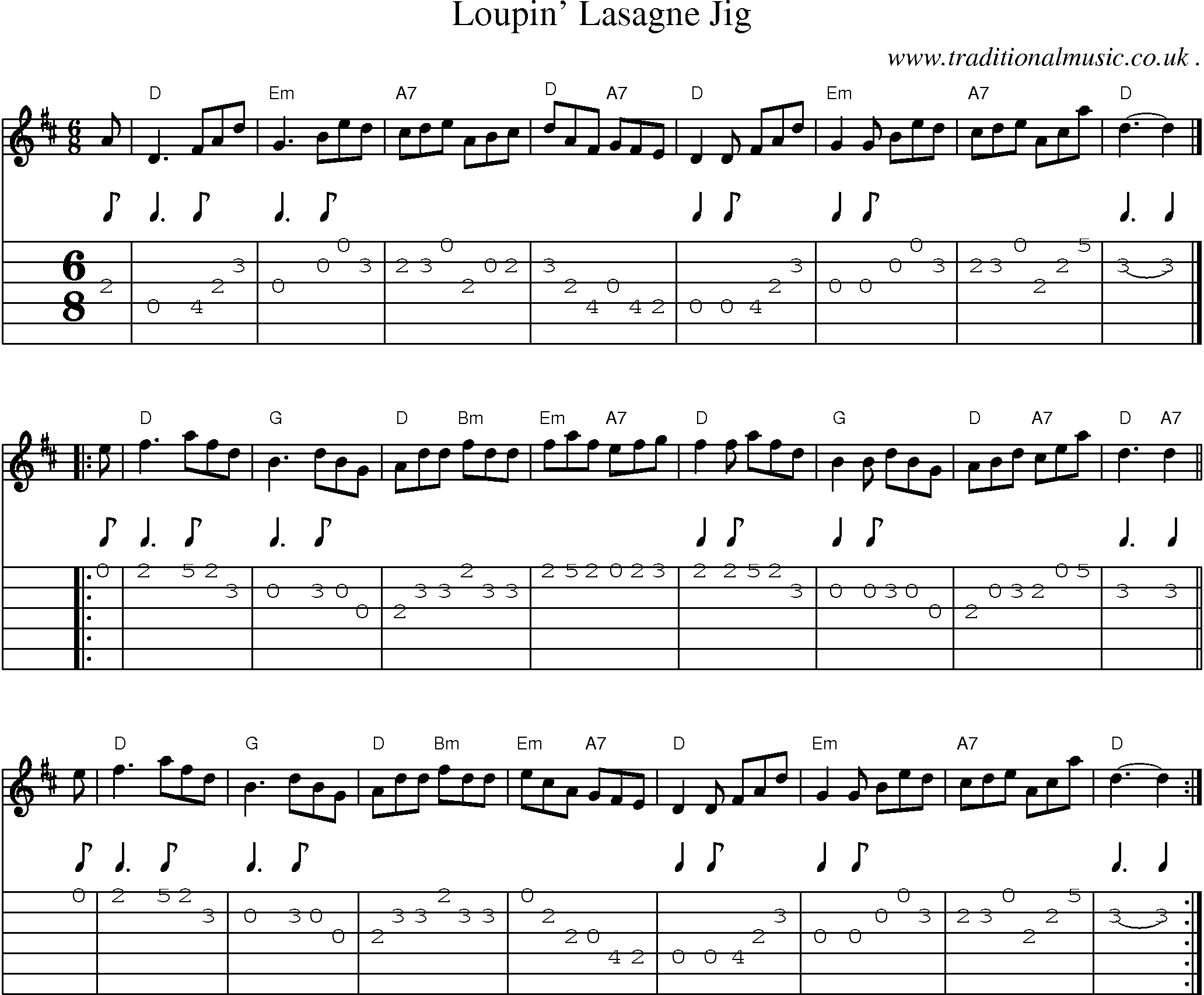 Sheet-music  score, Chords and Guitar Tabs for Loupin Lasagne Jig