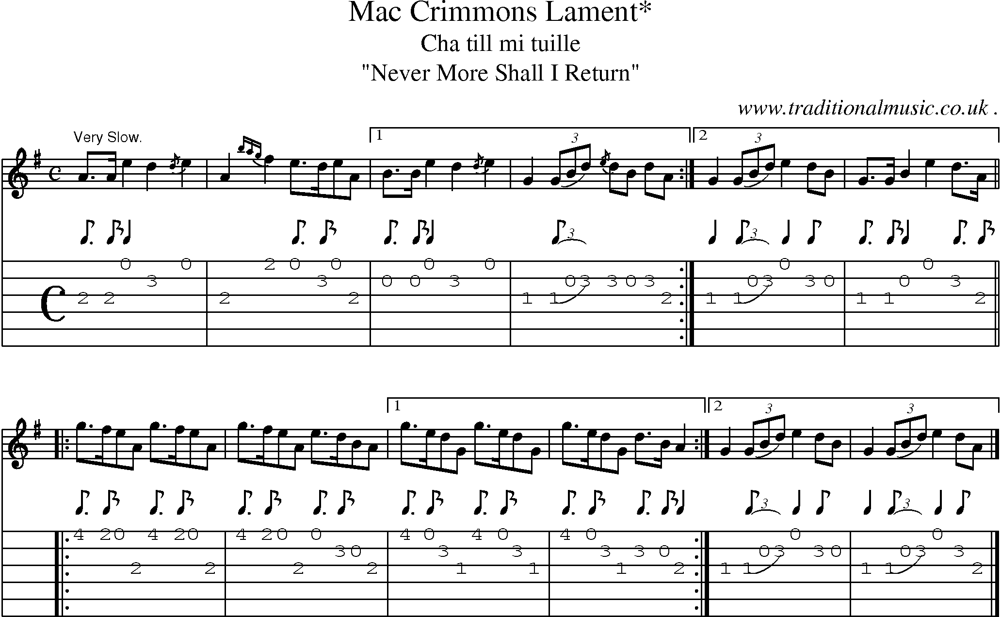 Sheet-music  score, Chords and Guitar Tabs for Mac Crimmons Lament