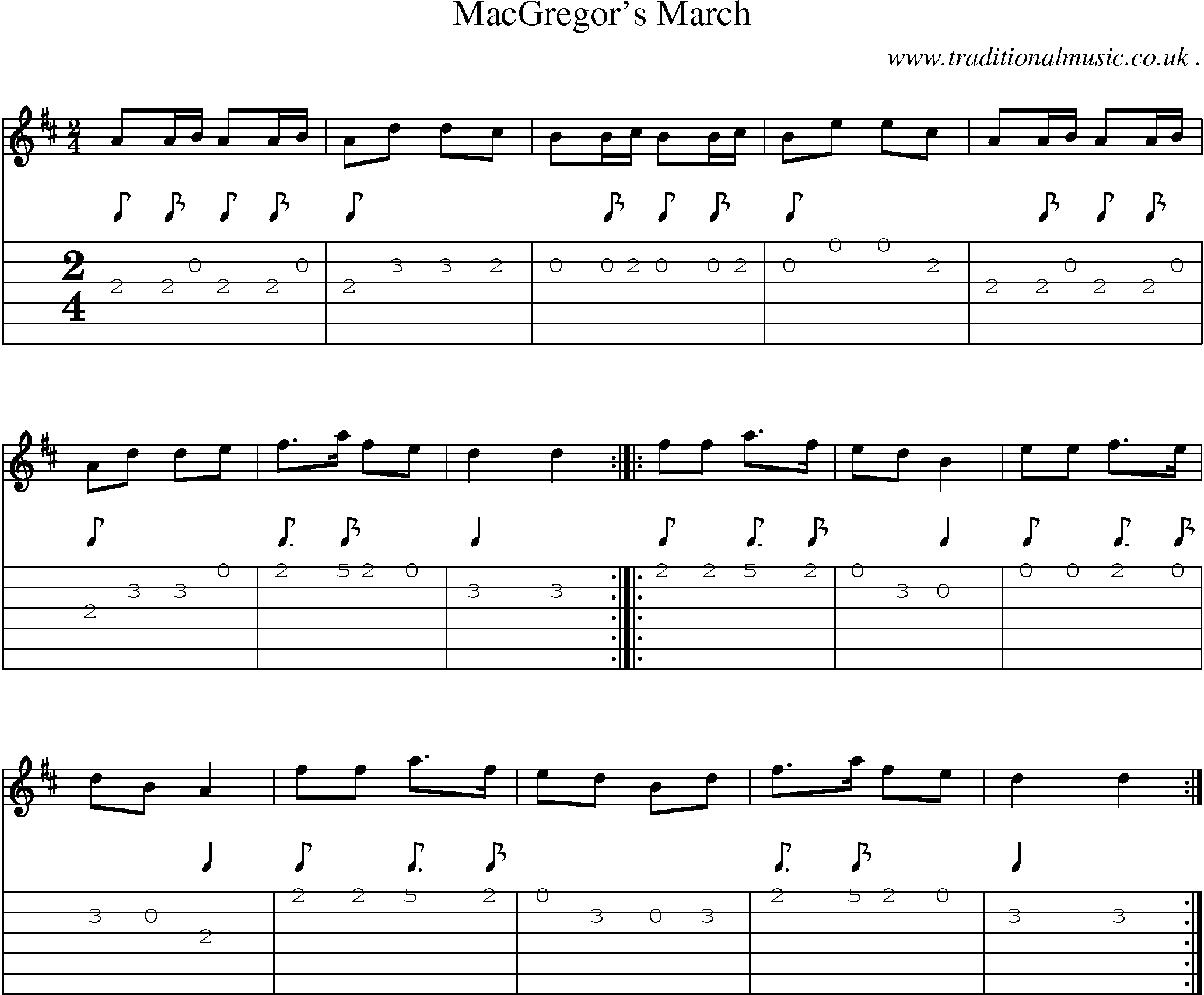 Sheet-music  score, Chords and Guitar Tabs for Macgregors March