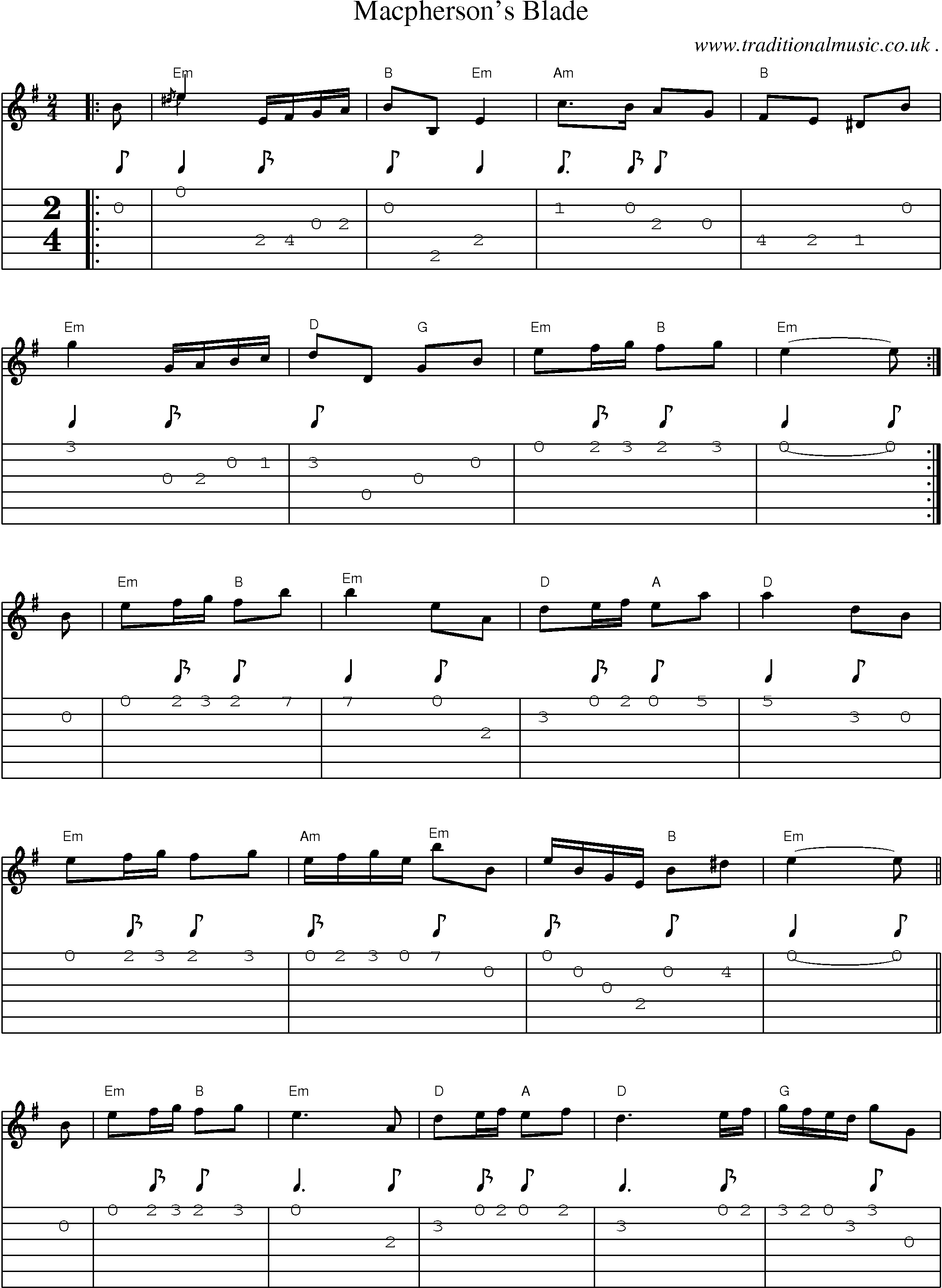 Sheet-music  score, Chords and Guitar Tabs for Macphersons Blade