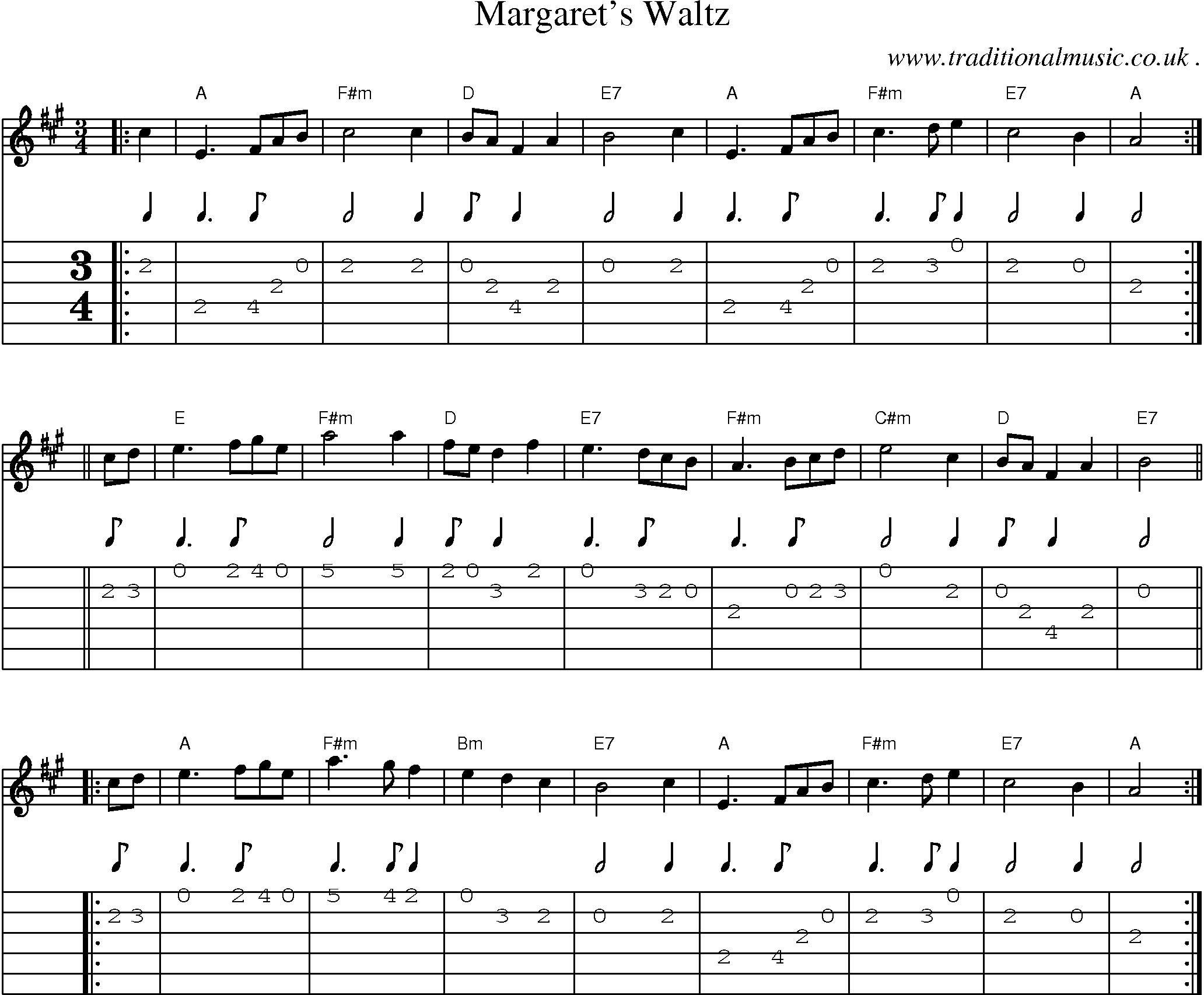 Sheet-music  score, Chords and Guitar Tabs for Margarets Waltz1