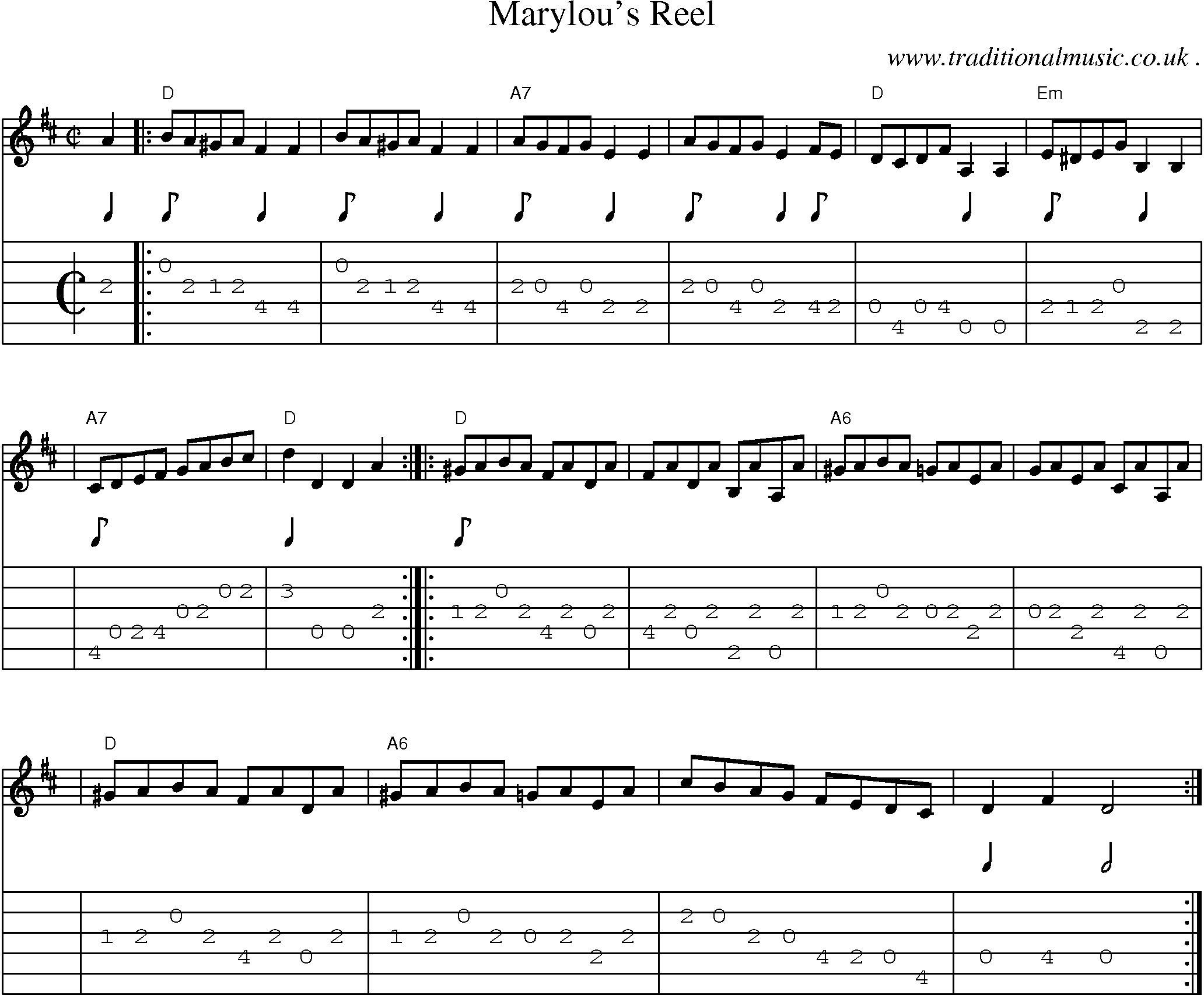 Sheet-music  score, Chords and Guitar Tabs for Marylous Reel