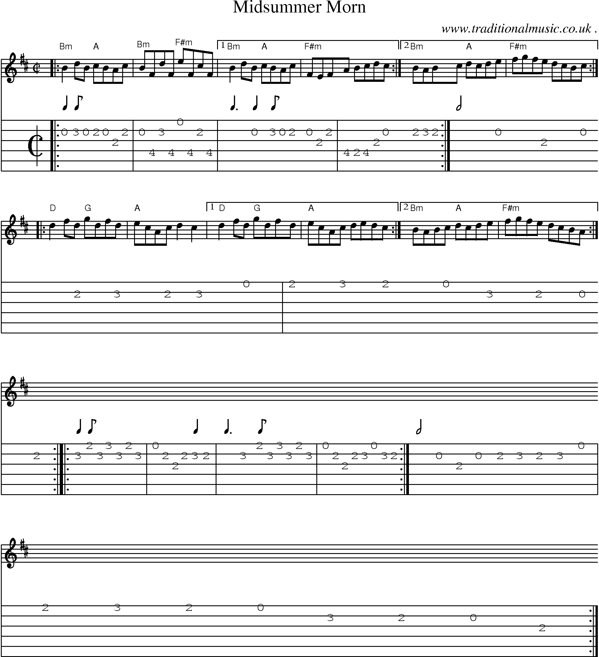 Sheet-music  score, Chords and Guitar Tabs for Midsummer Morn