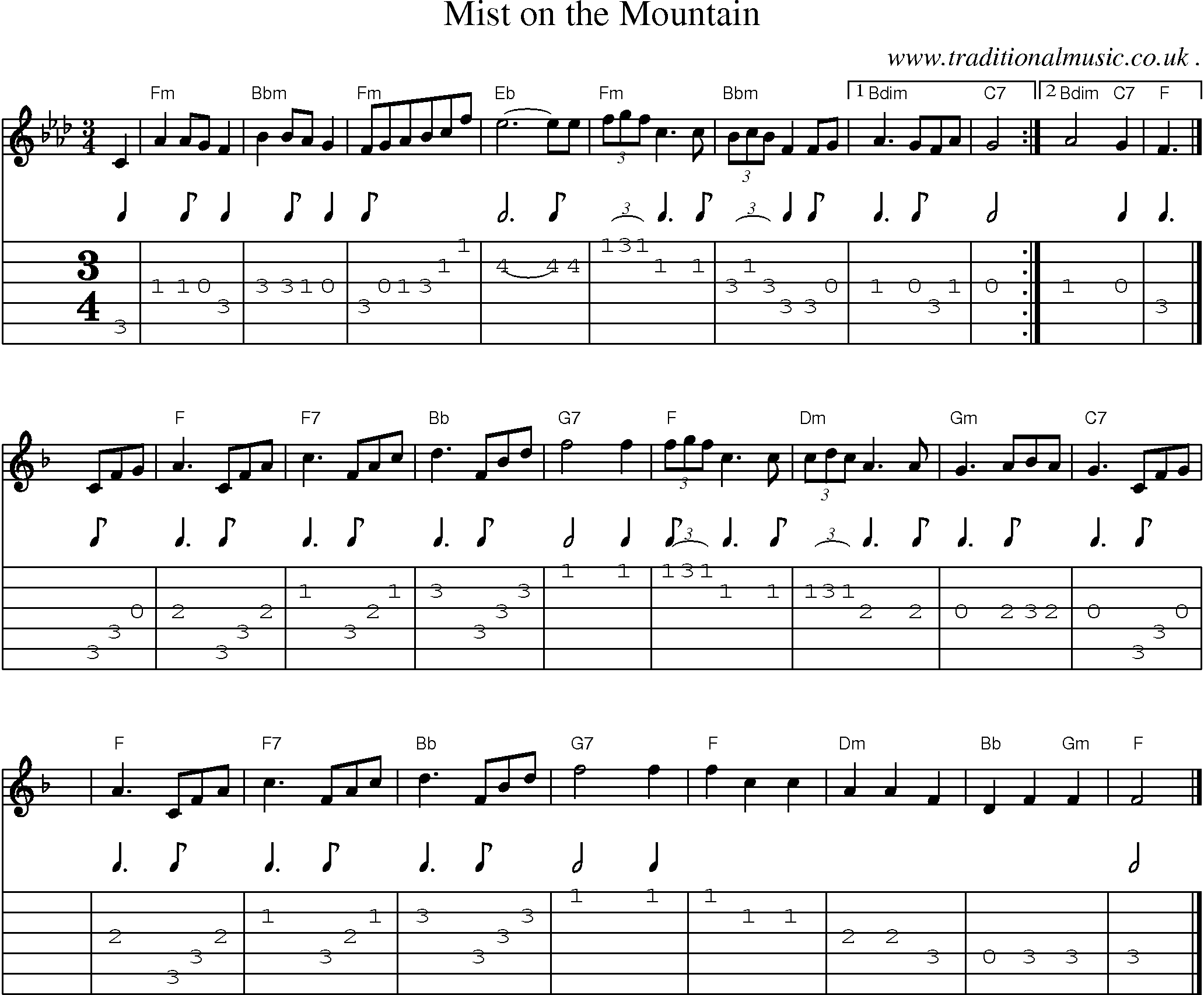 Sheet-music  score, Chords and Guitar Tabs for Mist On The Mountain