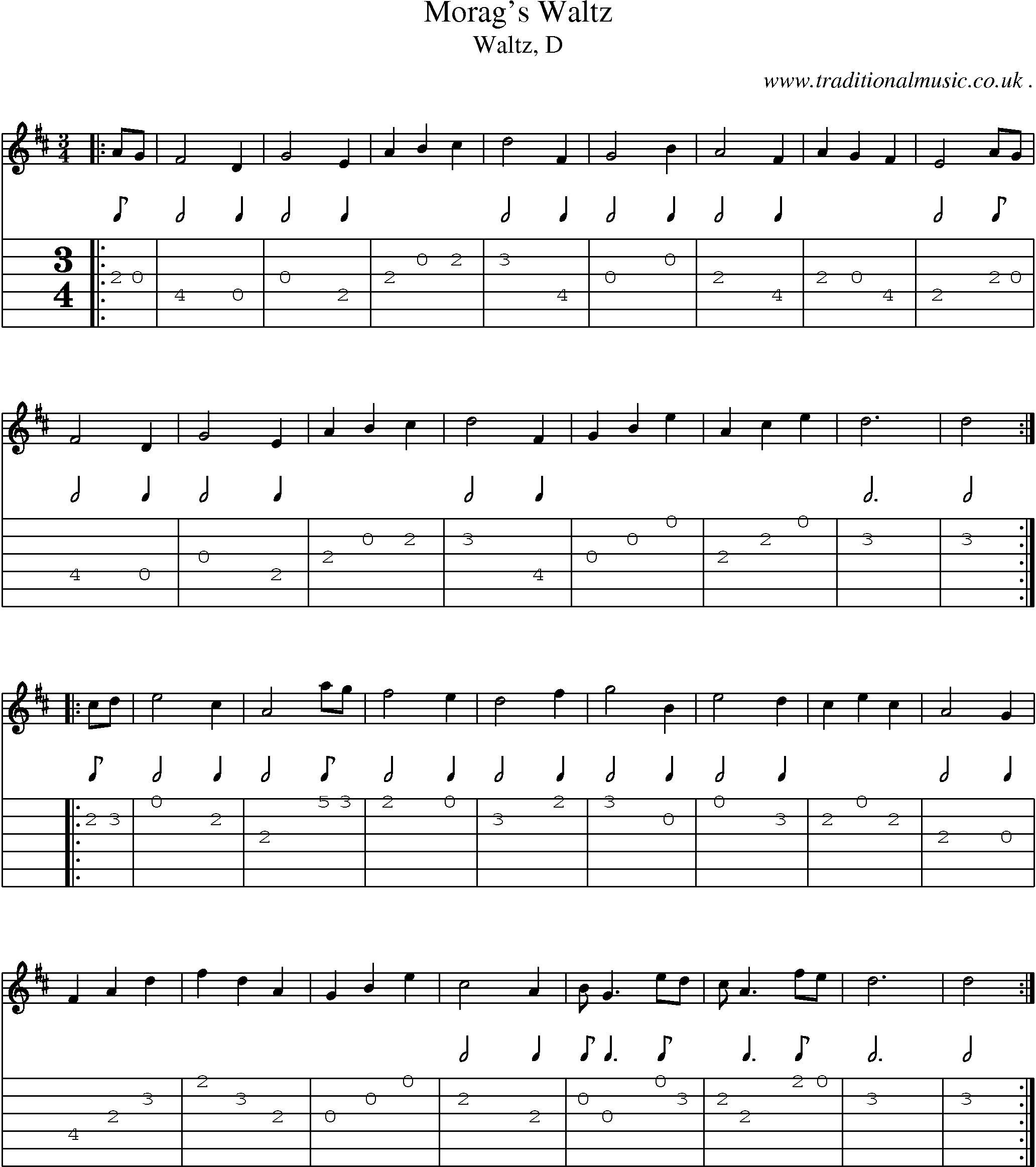 Sheet-music  score, Chords and Guitar Tabs for Morags Waltz
