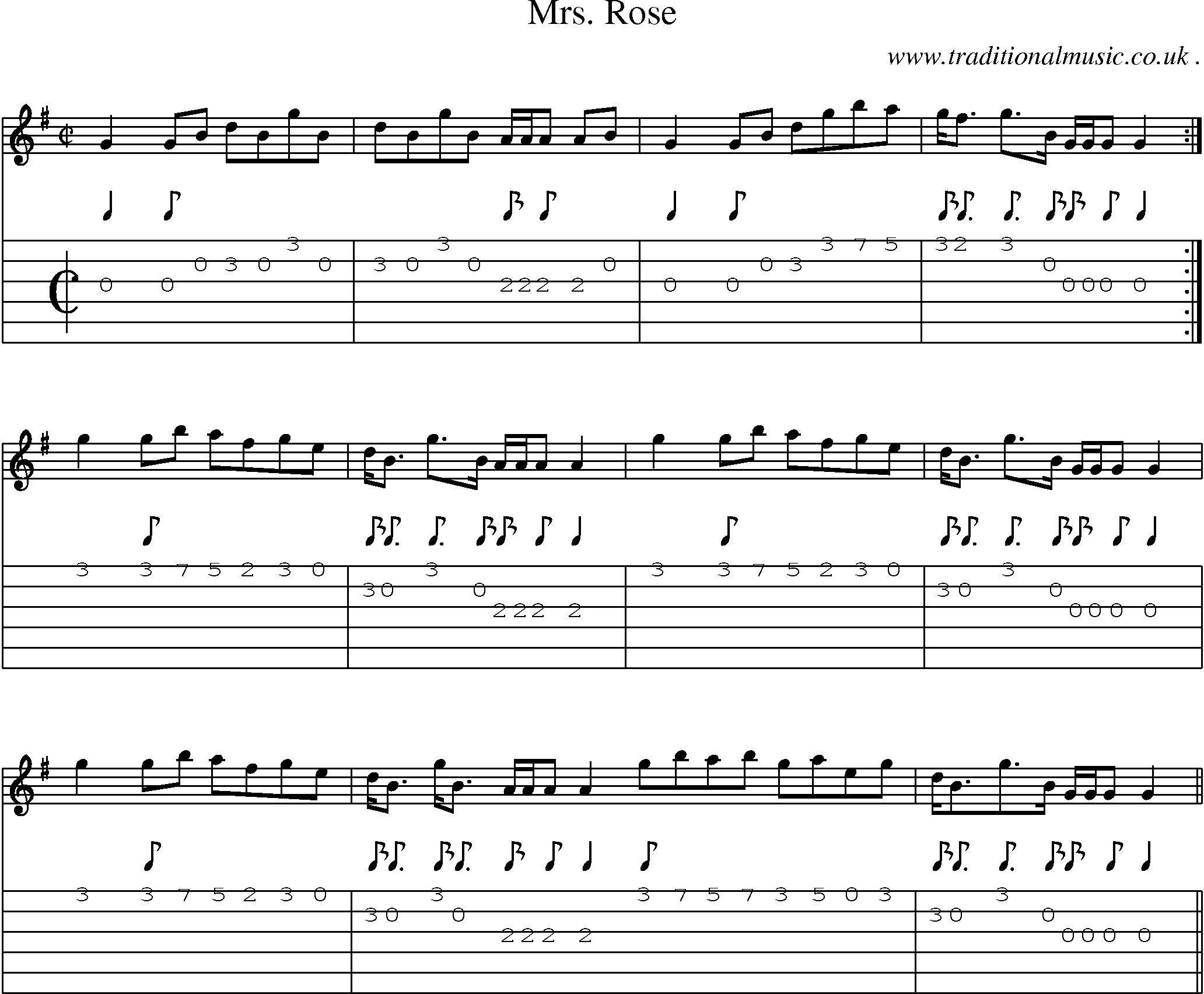 Sheet-music  score, Chords and Guitar Tabs for Mrs Rose