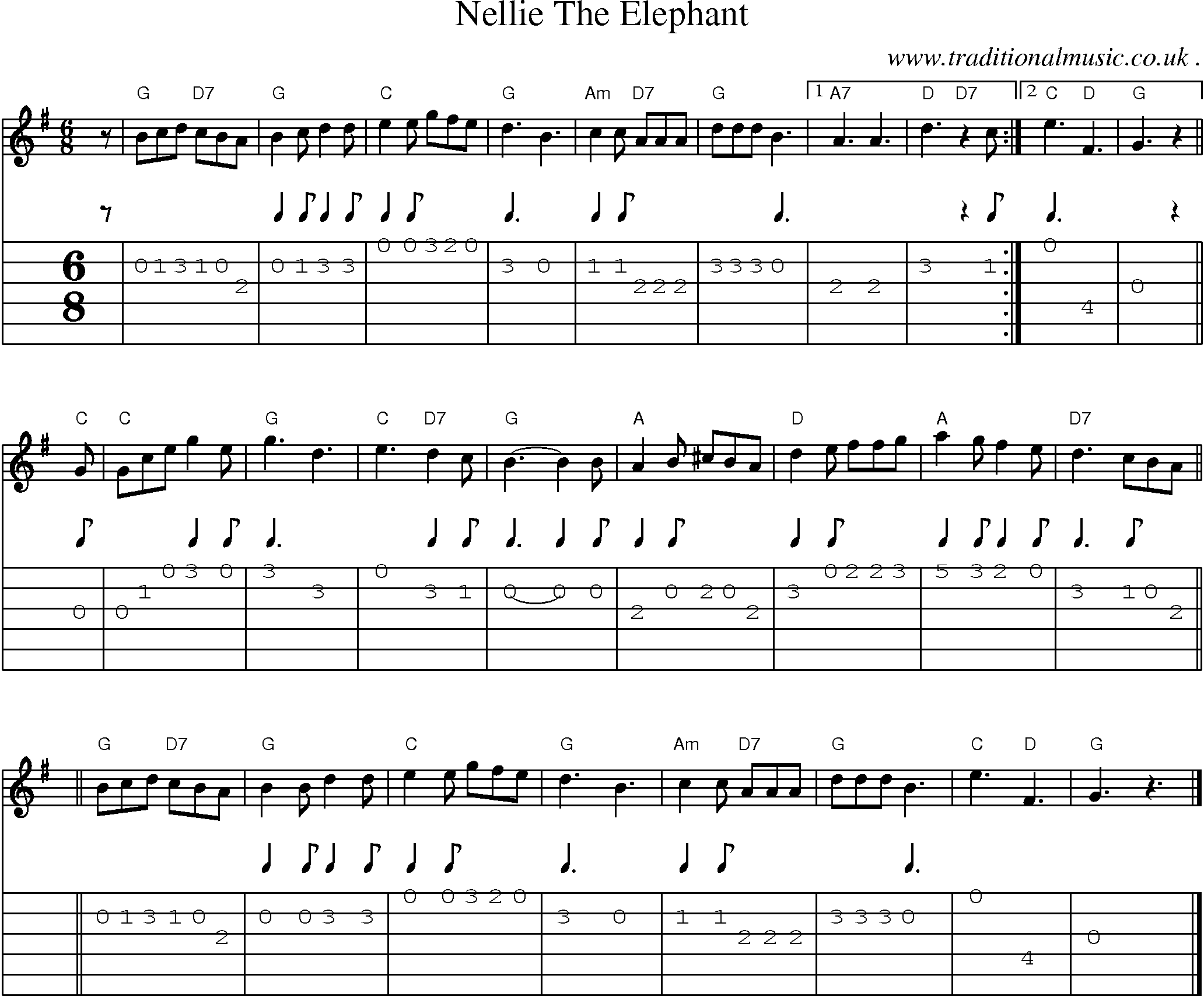 Sheet-music  score, Chords and Guitar Tabs for Nellie The Elephant