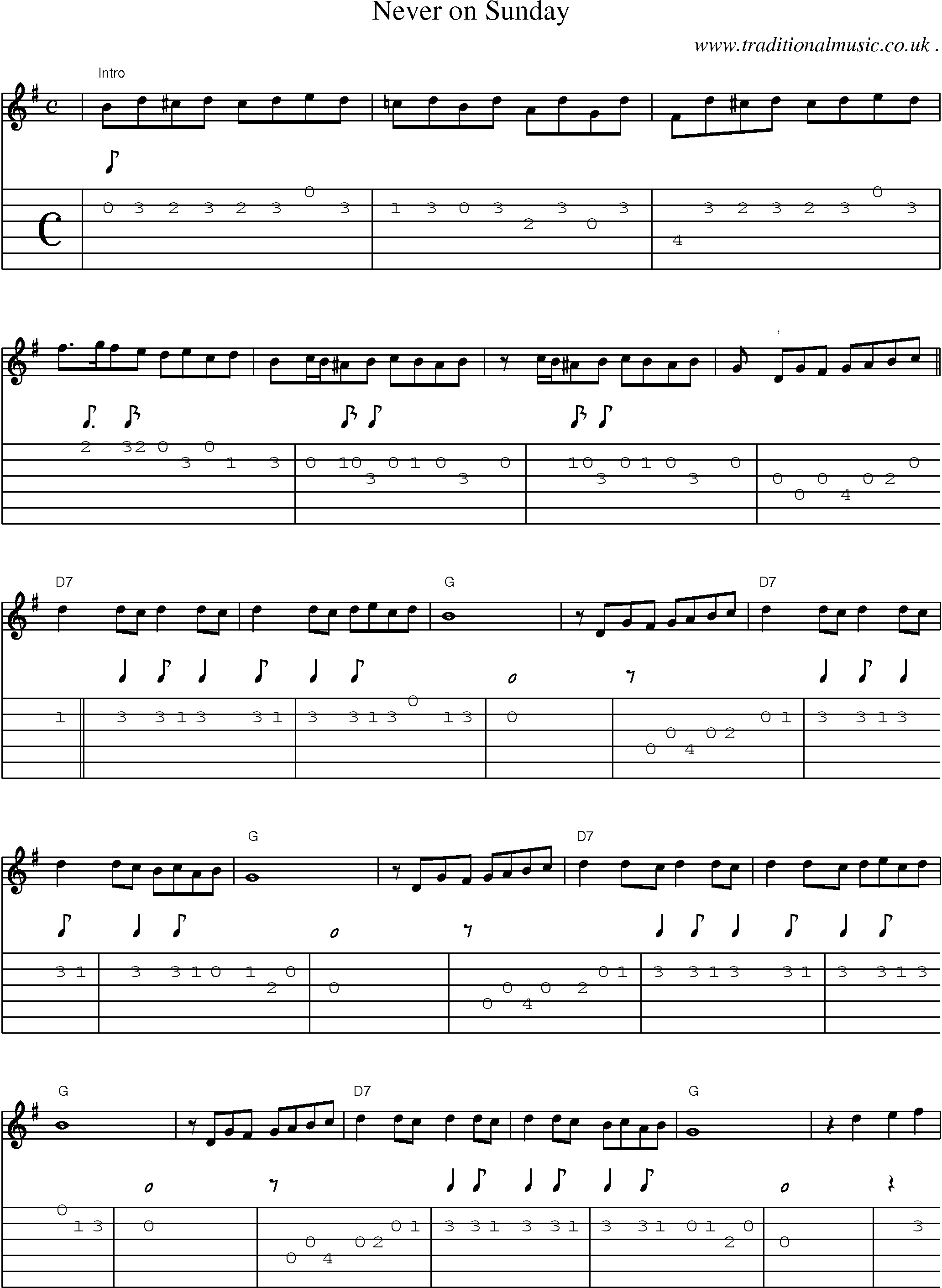 Sheet-music  score, Chords and Guitar Tabs for Never On Sunday