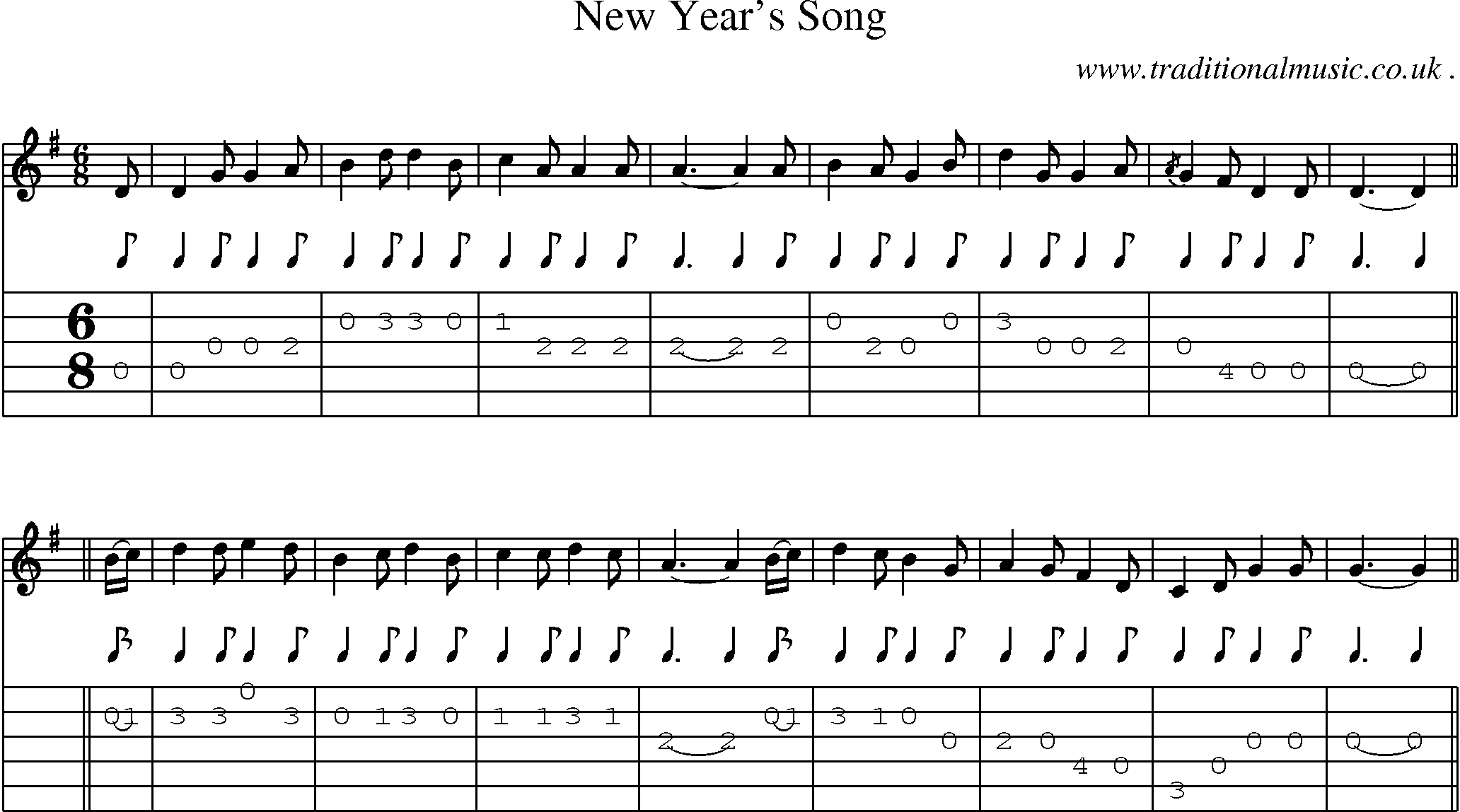 Sheet-music  score, Chords and Guitar Tabs for New Years Song