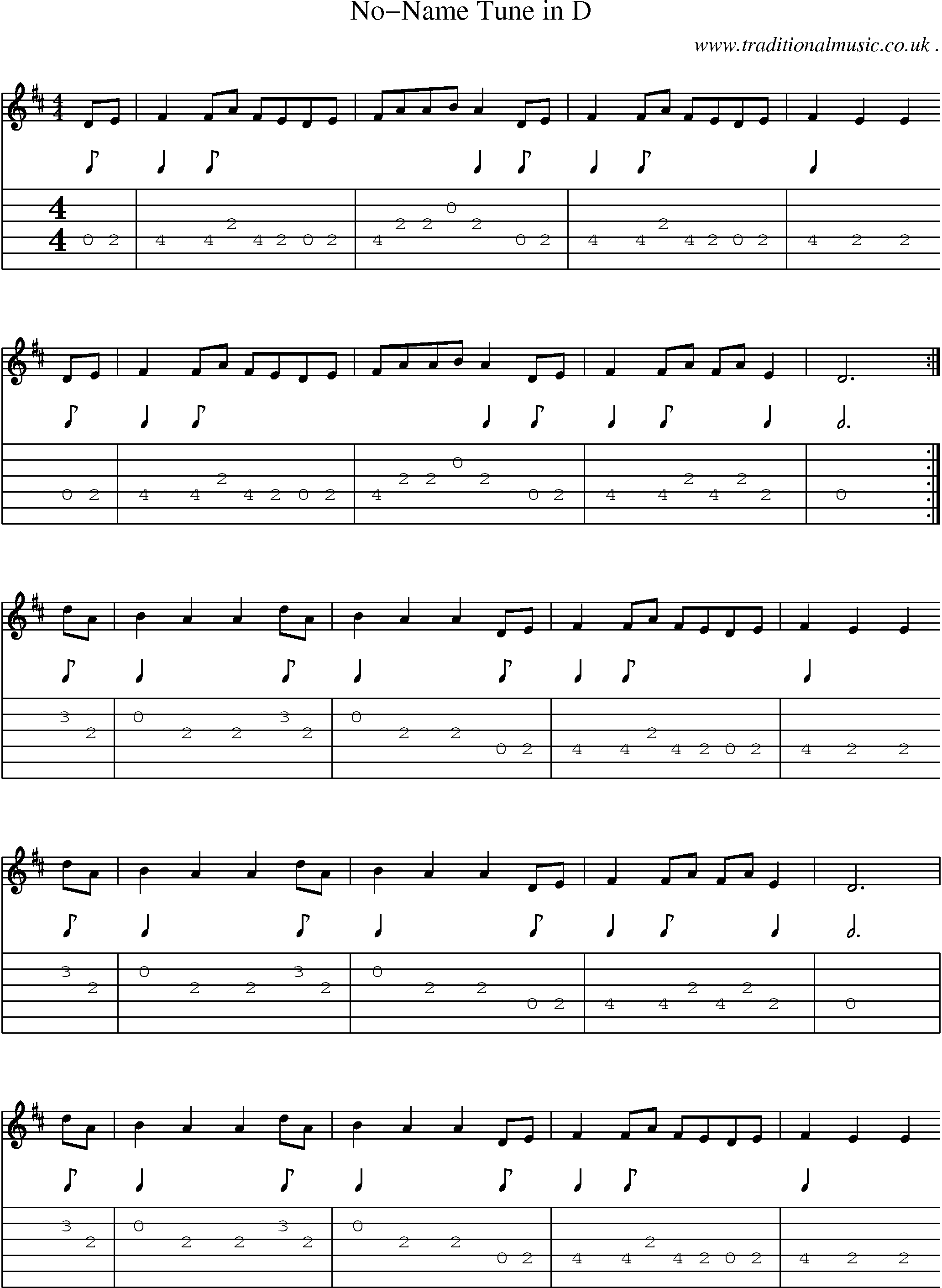 Sheet-music  score, Chords and Guitar Tabs for No-name Tune In D