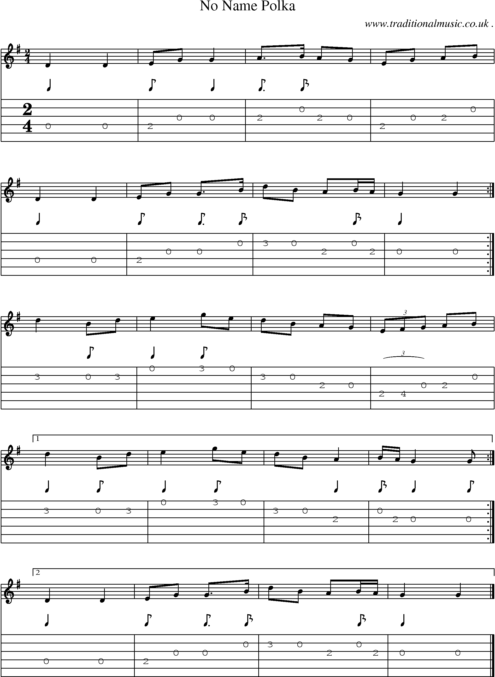 Sheet-music  score, Chords and Guitar Tabs for No Name Polka