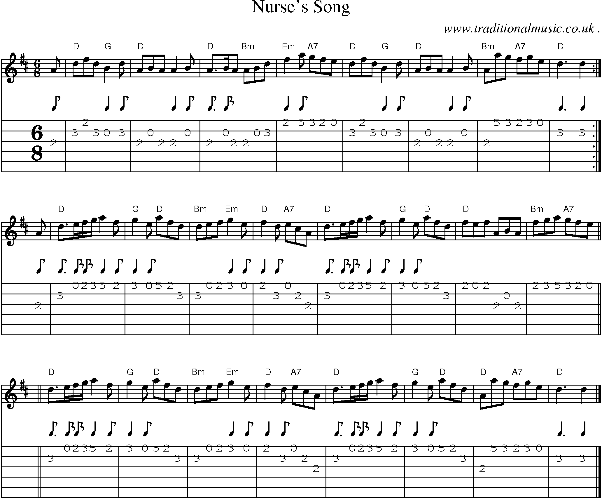 Sheet-music  score, Chords and Guitar Tabs for Nurses Song