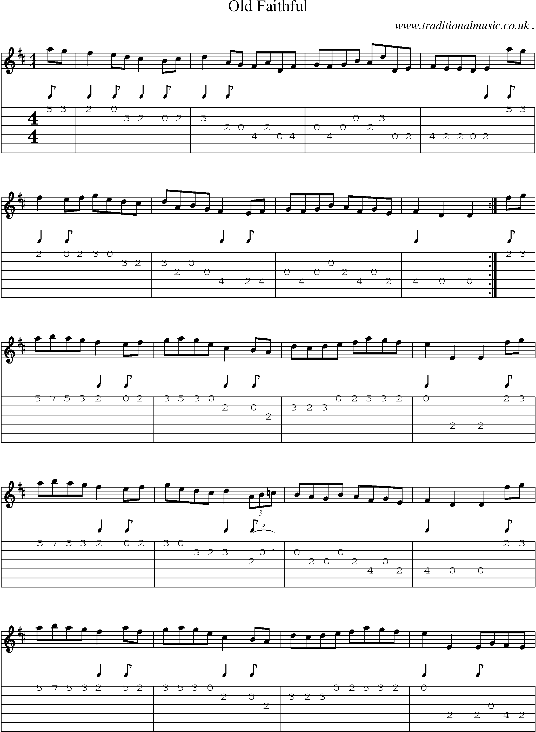 Sheet-music  score, Chords and Guitar Tabs for Old Faithful