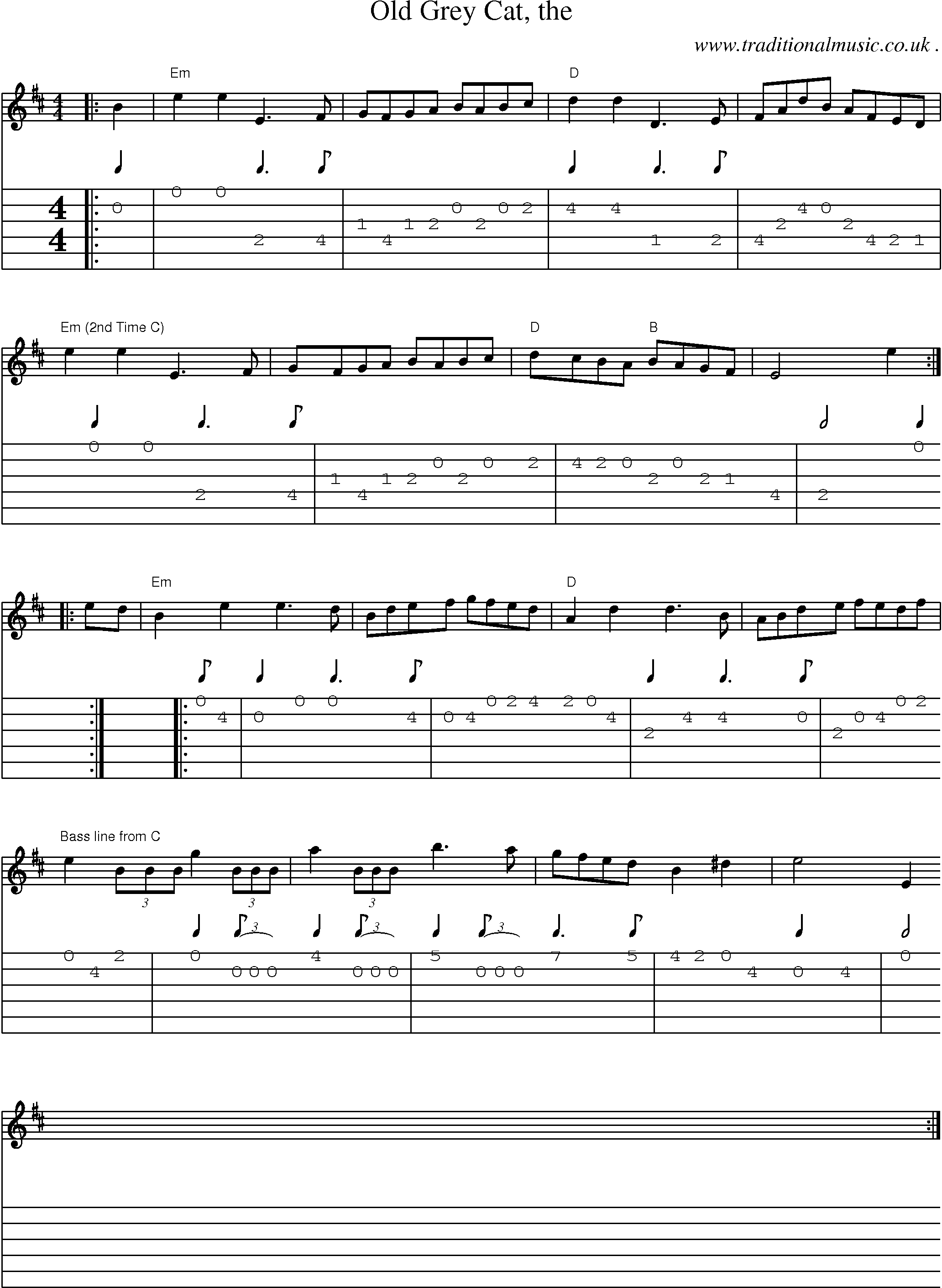 Sheet-music  score, Chords and Guitar Tabs for Old Grey Cat The