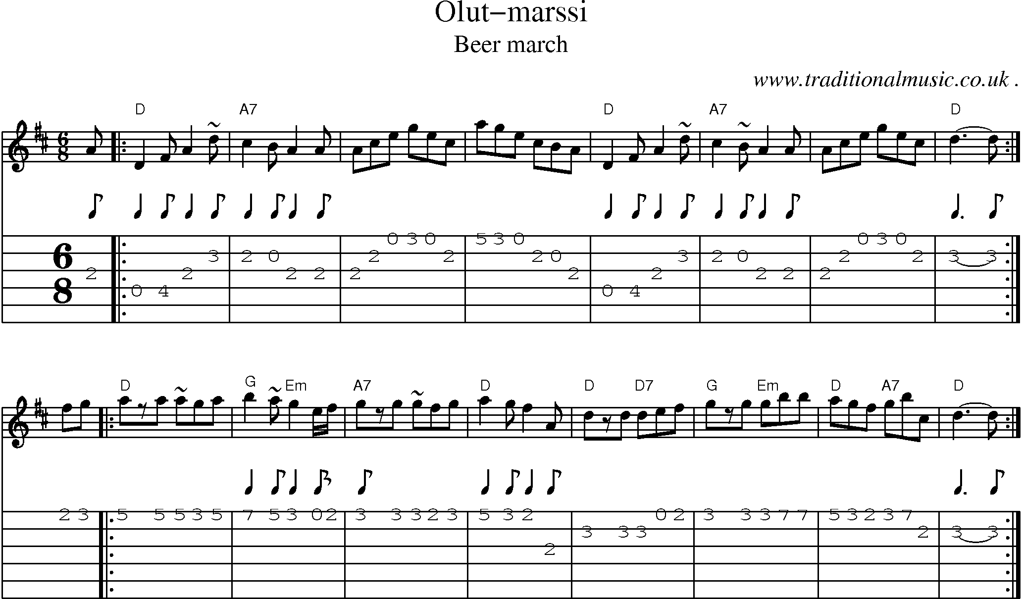Sheet-music  score, Chords and Guitar Tabs for Olut-marssi