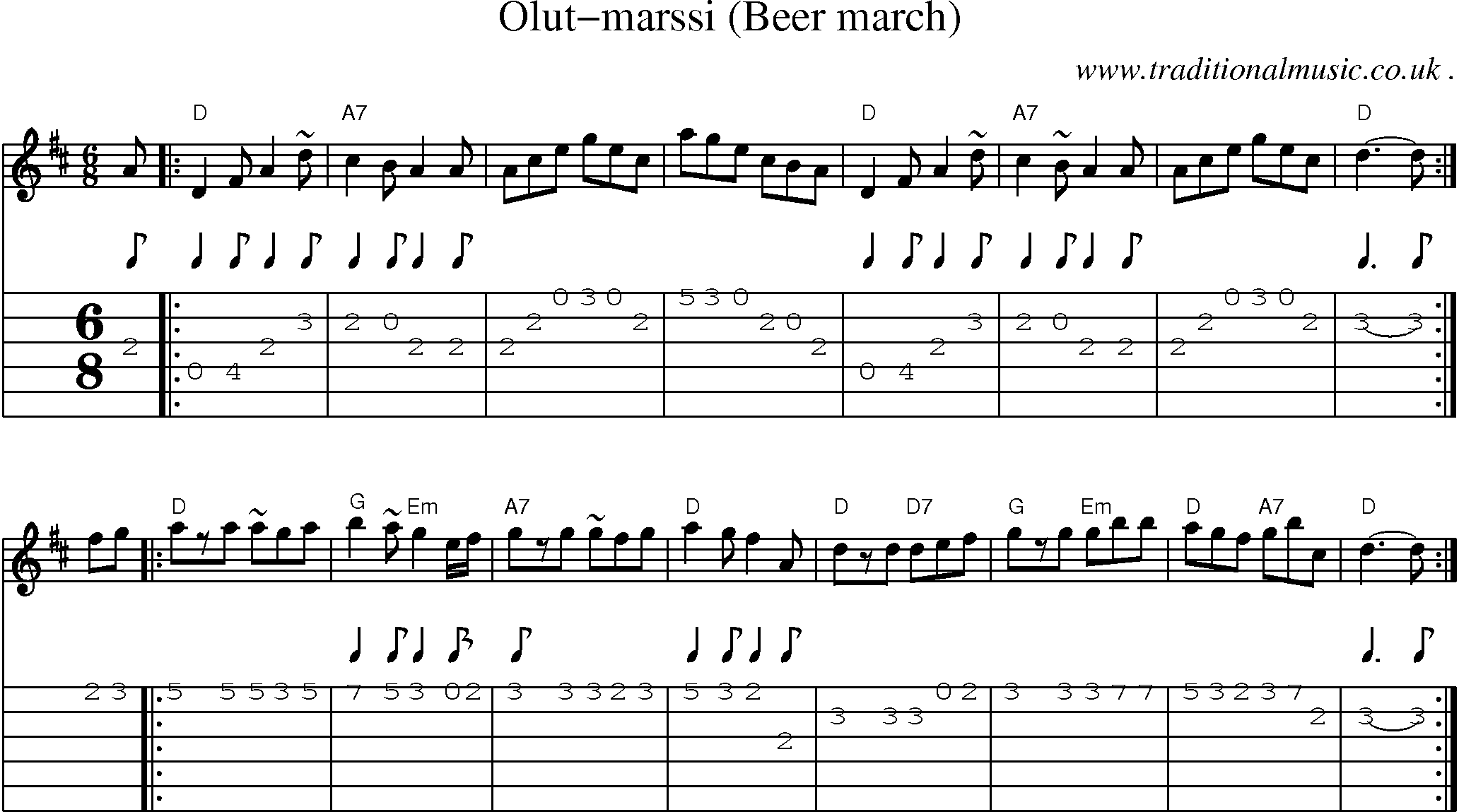 Sheet-music  score, Chords and Guitar Tabs for Olut-marssi Beer March