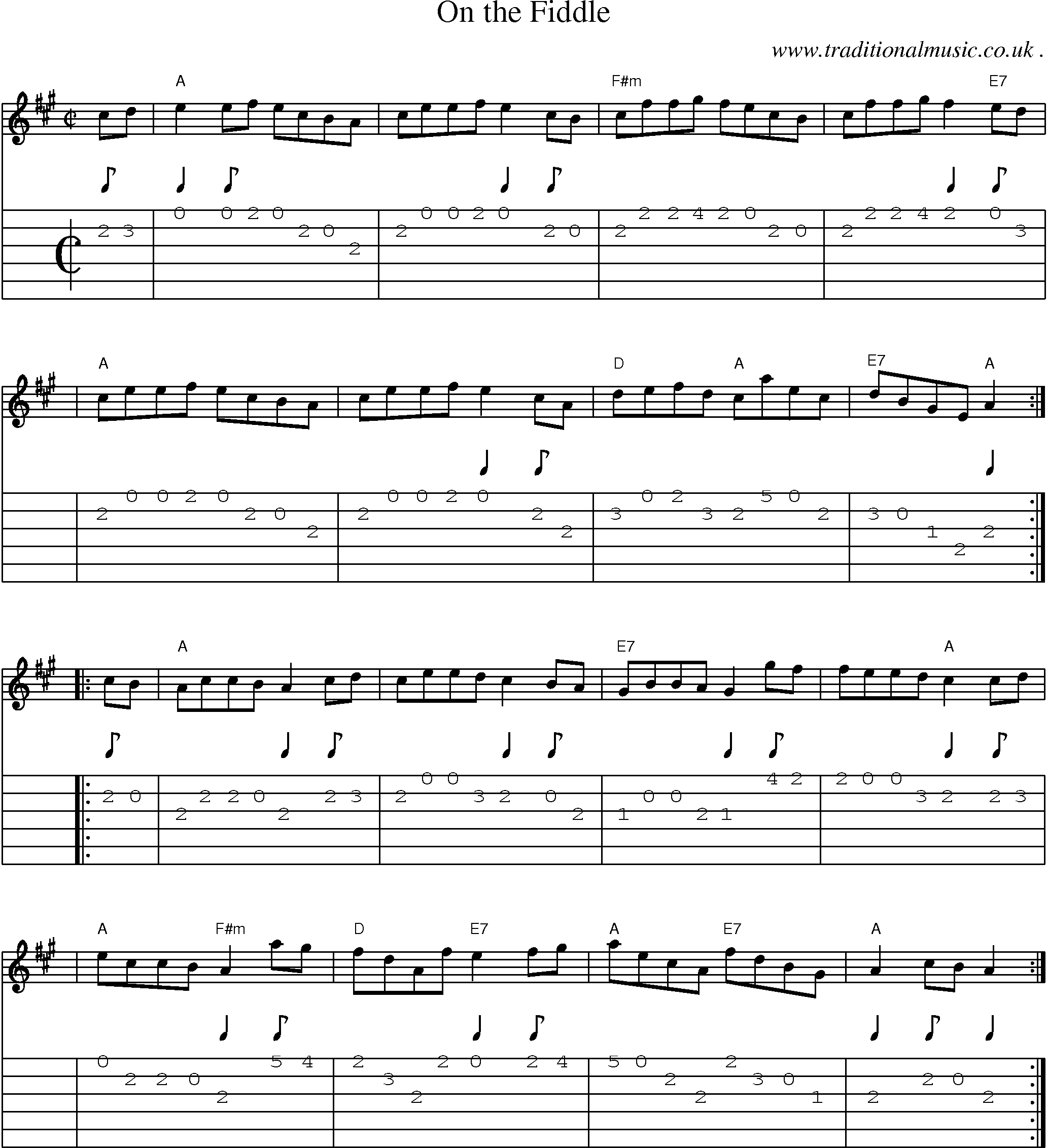 Sheet-music  score, Chords and Guitar Tabs for On The Fiddle