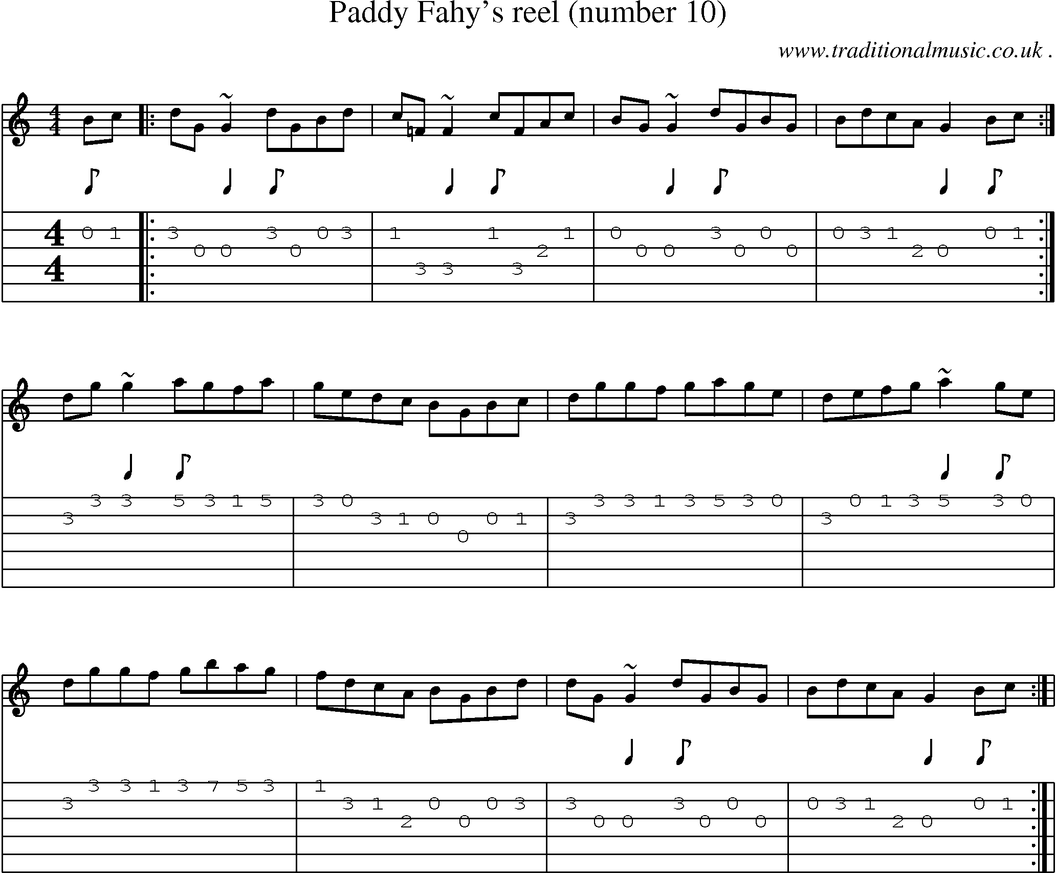 Sheet-music  score, Chords and Guitar Tabs for Paddy Fahys Reel Number 10