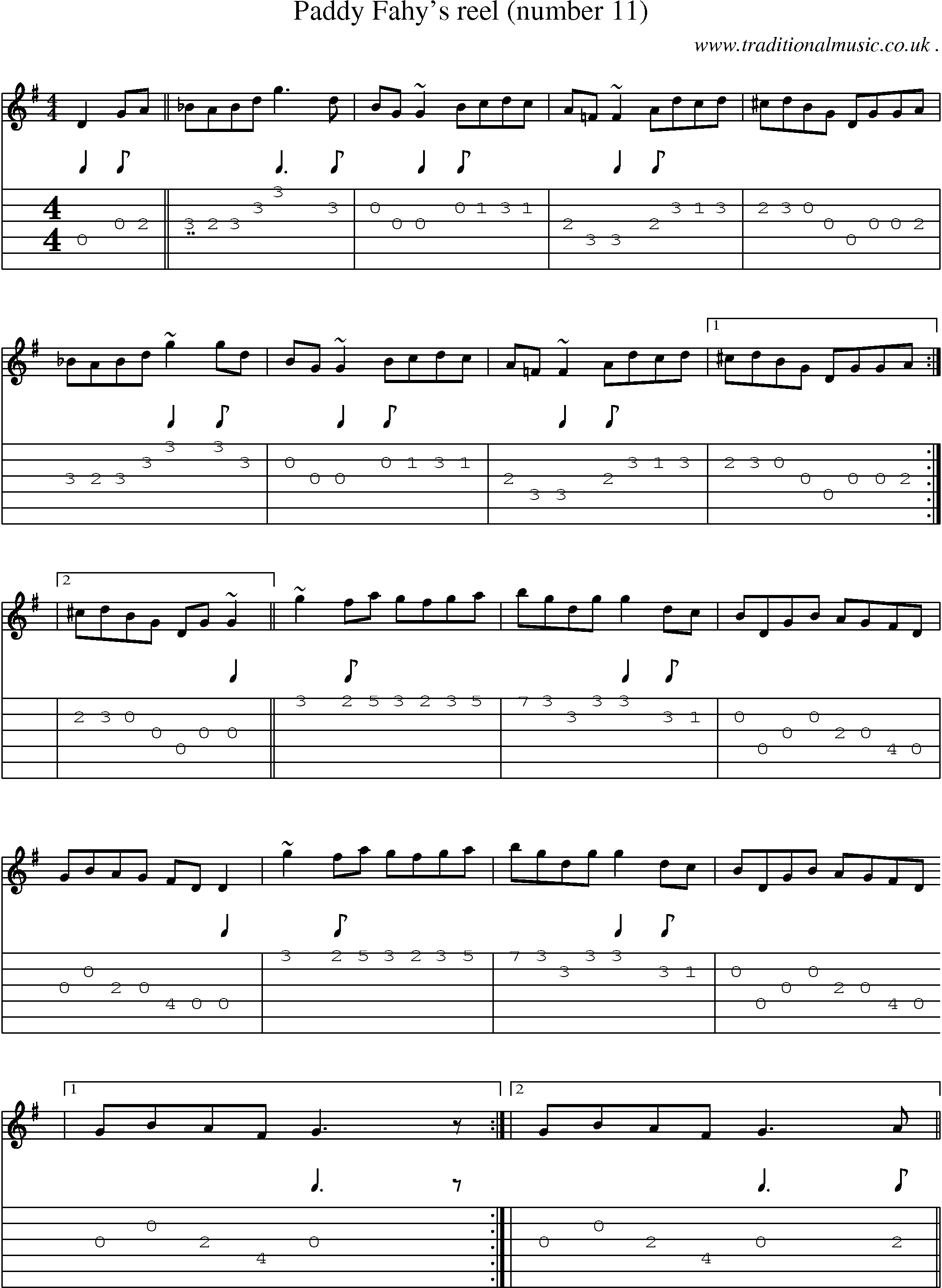 Sheet-music  score, Chords and Guitar Tabs for Paddy Fahys Reel Number 11