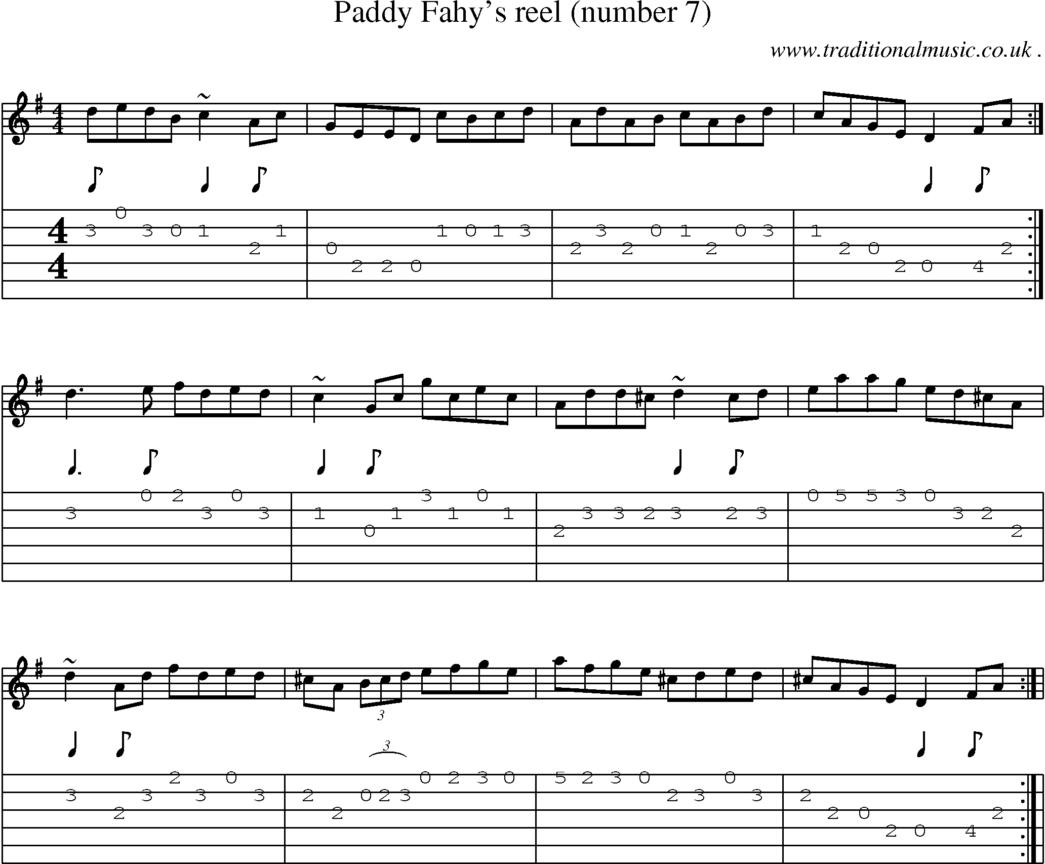 Sheet-music  score, Chords and Guitar Tabs for Paddy Fahys Reel Number 7