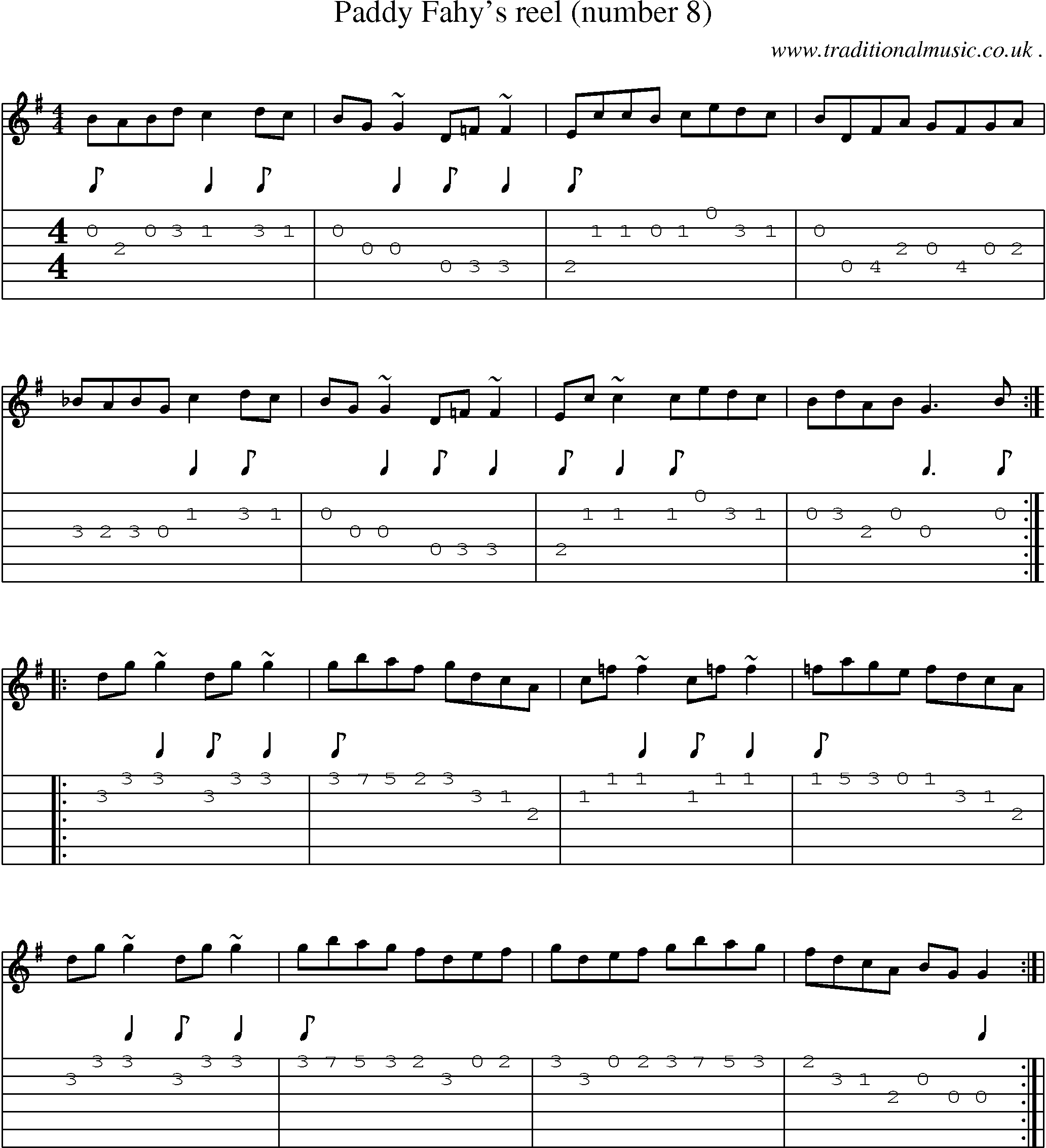 Sheet-music  score, Chords and Guitar Tabs for Paddy Fahys Reel Number 8