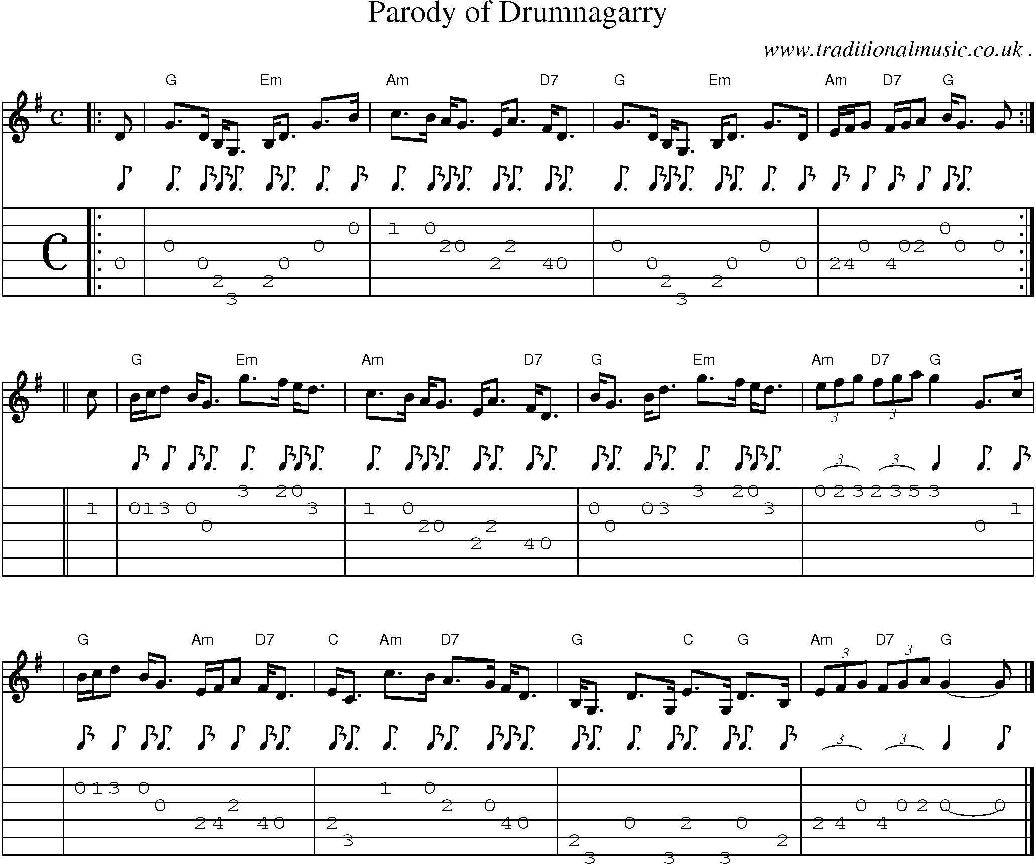 Sheet-music  score, Chords and Guitar Tabs for Parody Of Drumnagarry