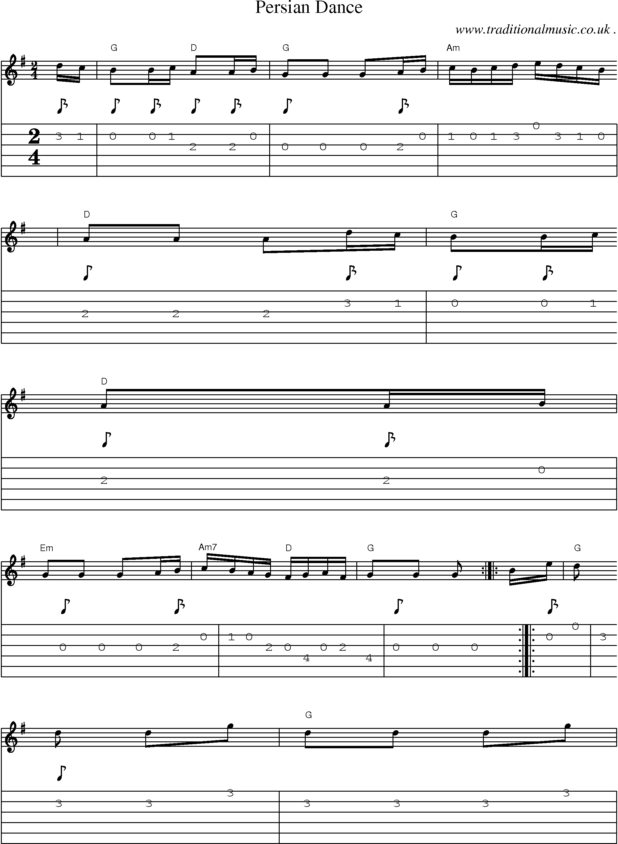 Sheet-music  score, Chords and Guitar Tabs for Persian Dance