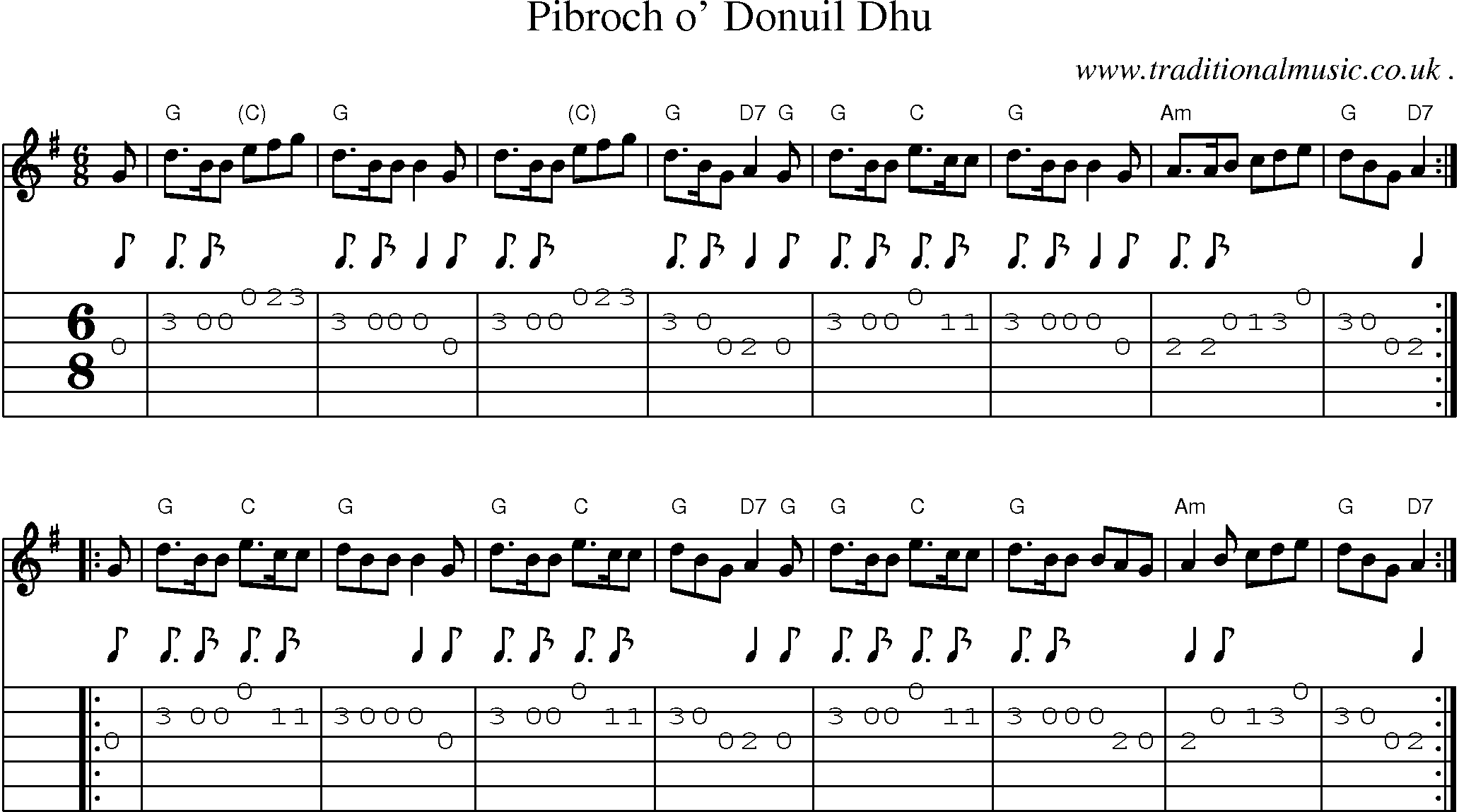 Sheet-music  score, Chords and Guitar Tabs for Pibroch O Donuil Dhu