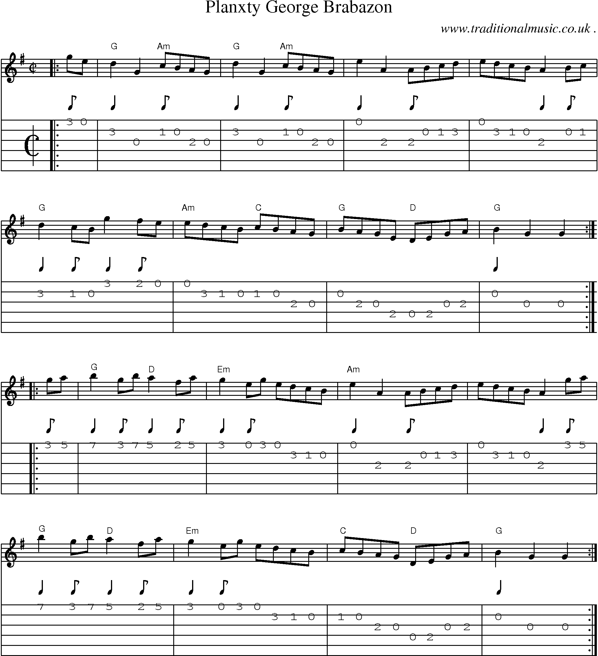 Sheet-music  score, Chords and Guitar Tabs for Planxty George Brabazon