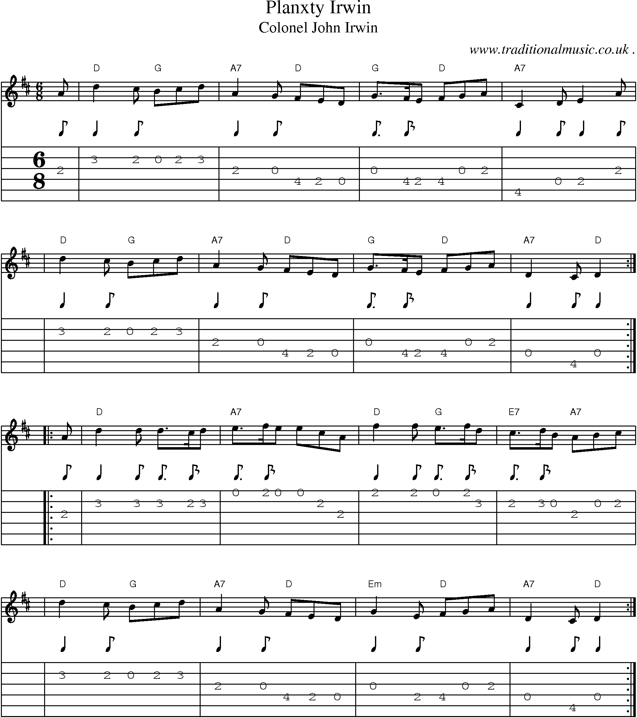 Sheet-music  score, Chords and Guitar Tabs for Planxty Irwin