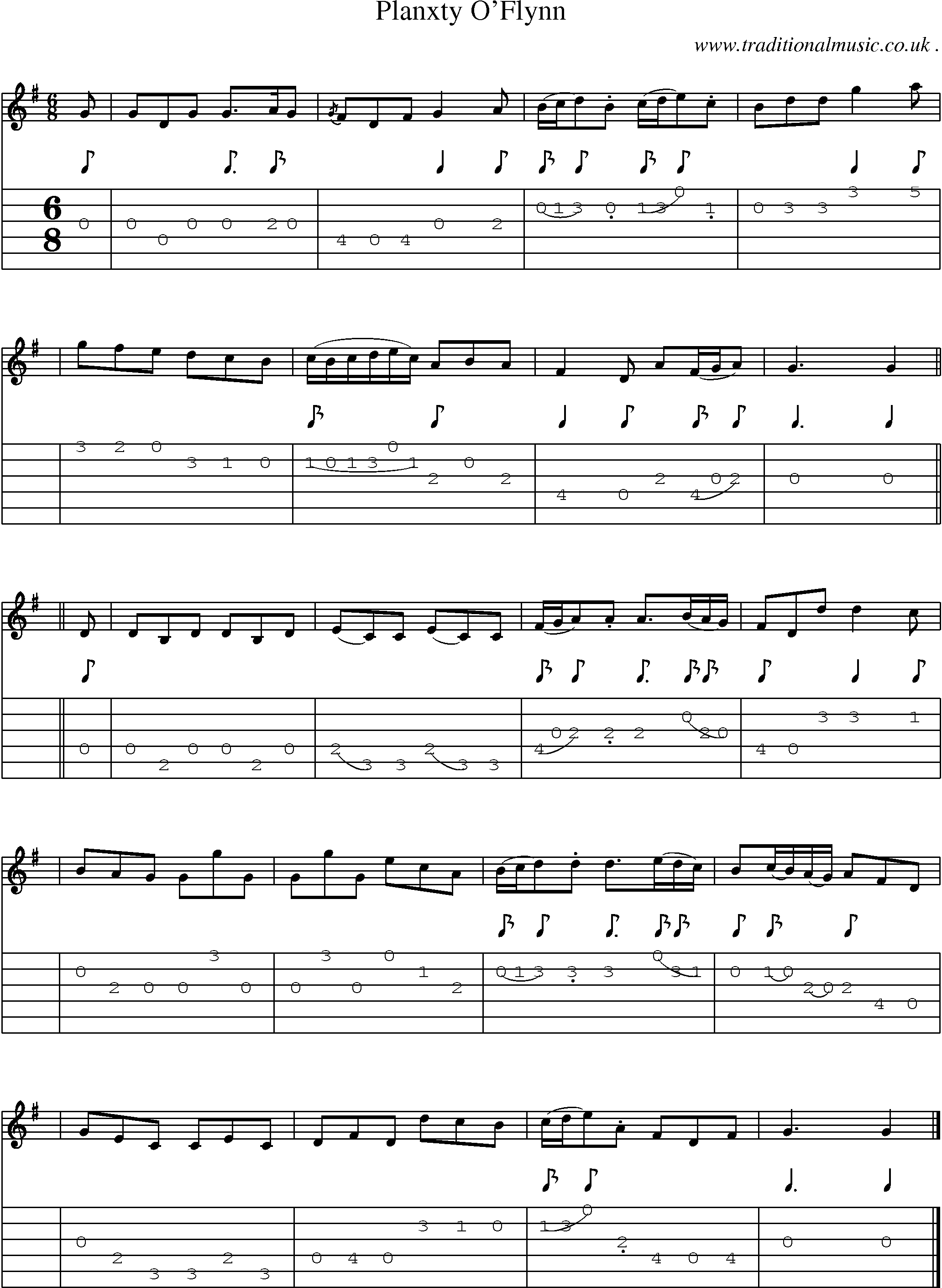 Sheet-music  score, Chords and Guitar Tabs for Planxty Oflynn