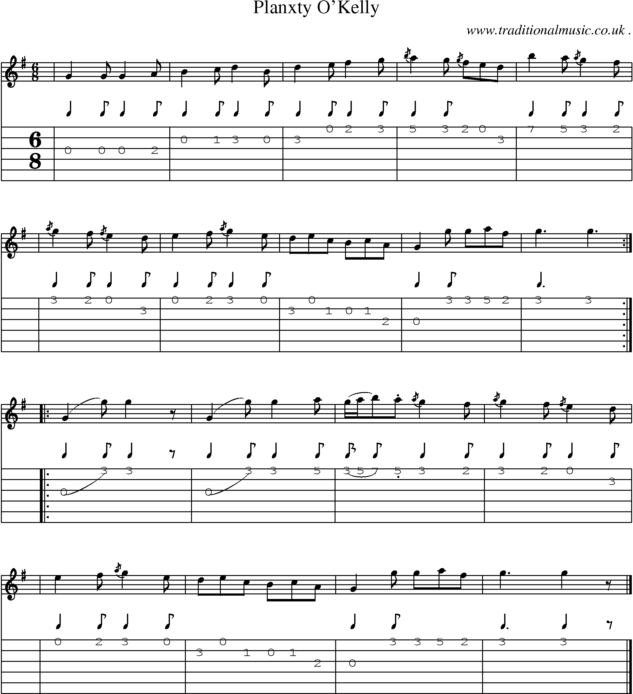 Sheet-music  score, Chords and Guitar Tabs for Planxty Okelly