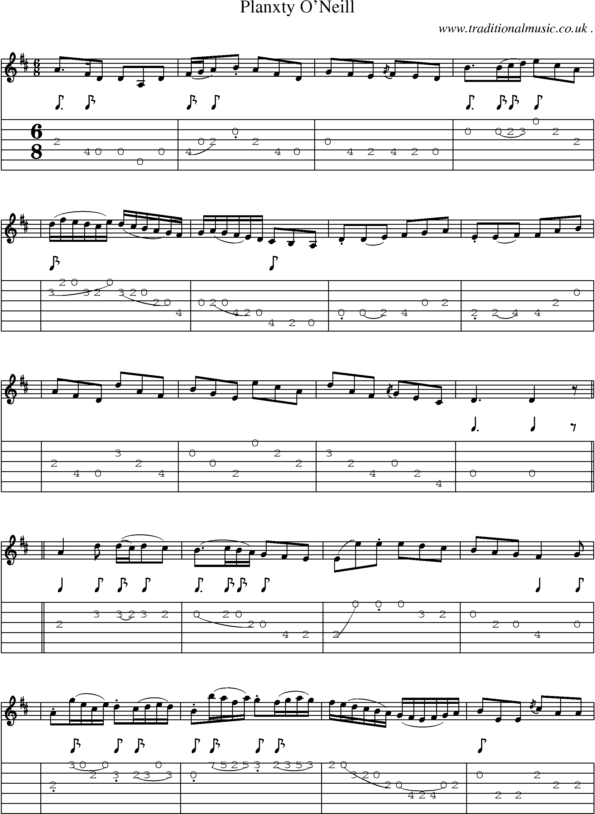 Sheet-music  score, Chords and Guitar Tabs for Planxty Oneill