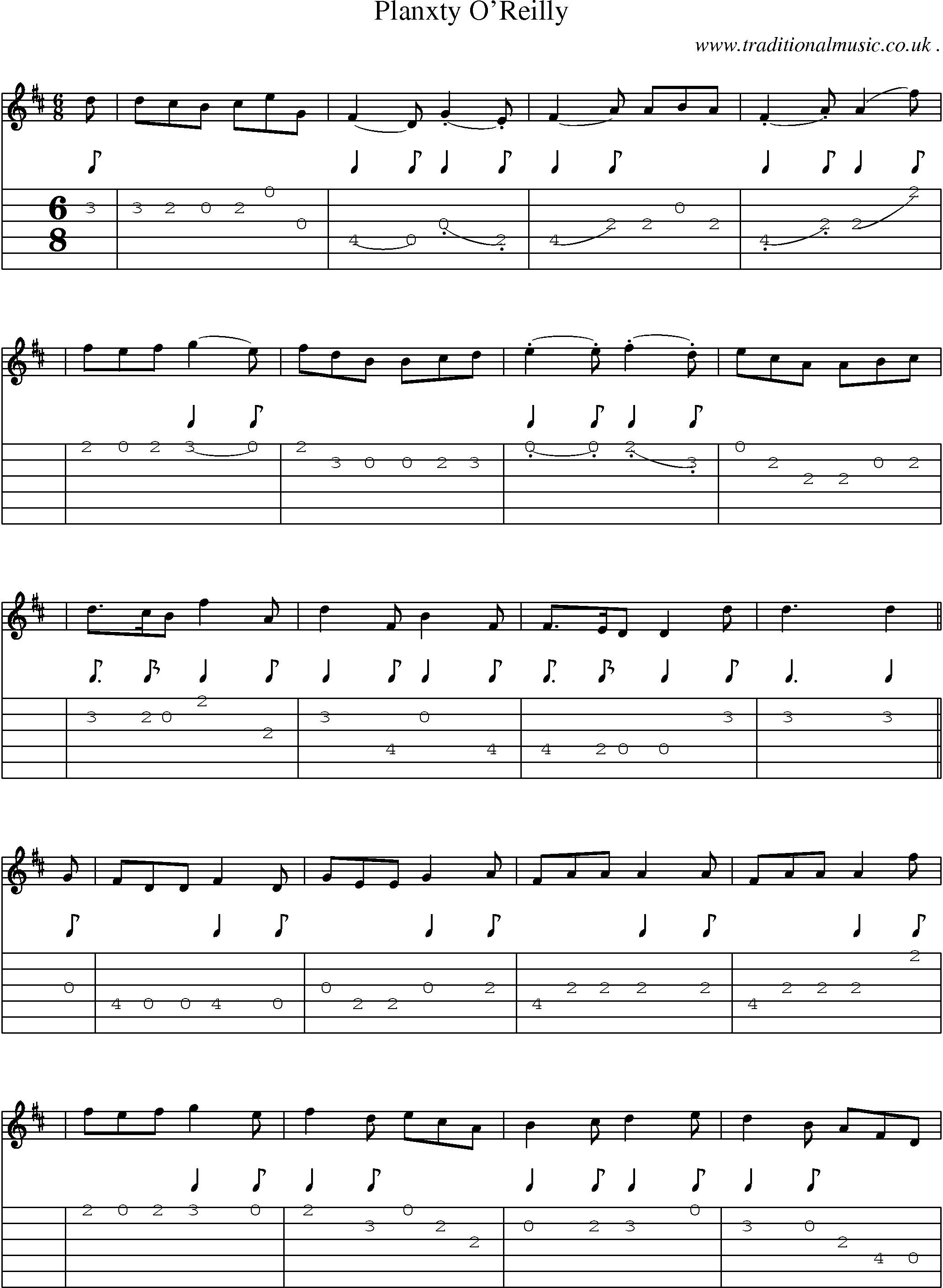 Sheet-music  score, Chords and Guitar Tabs for Planxty Oreilly