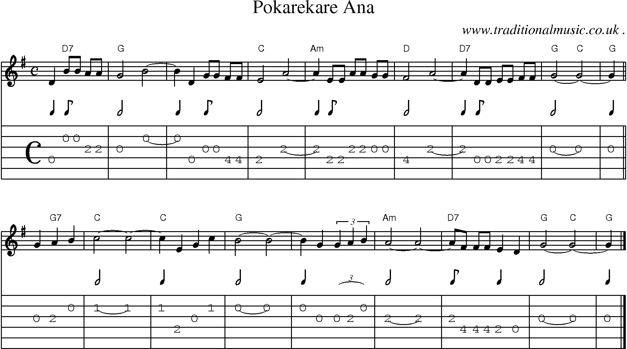 Sheet-music  score, Chords and Guitar Tabs for Pokarekare Ana