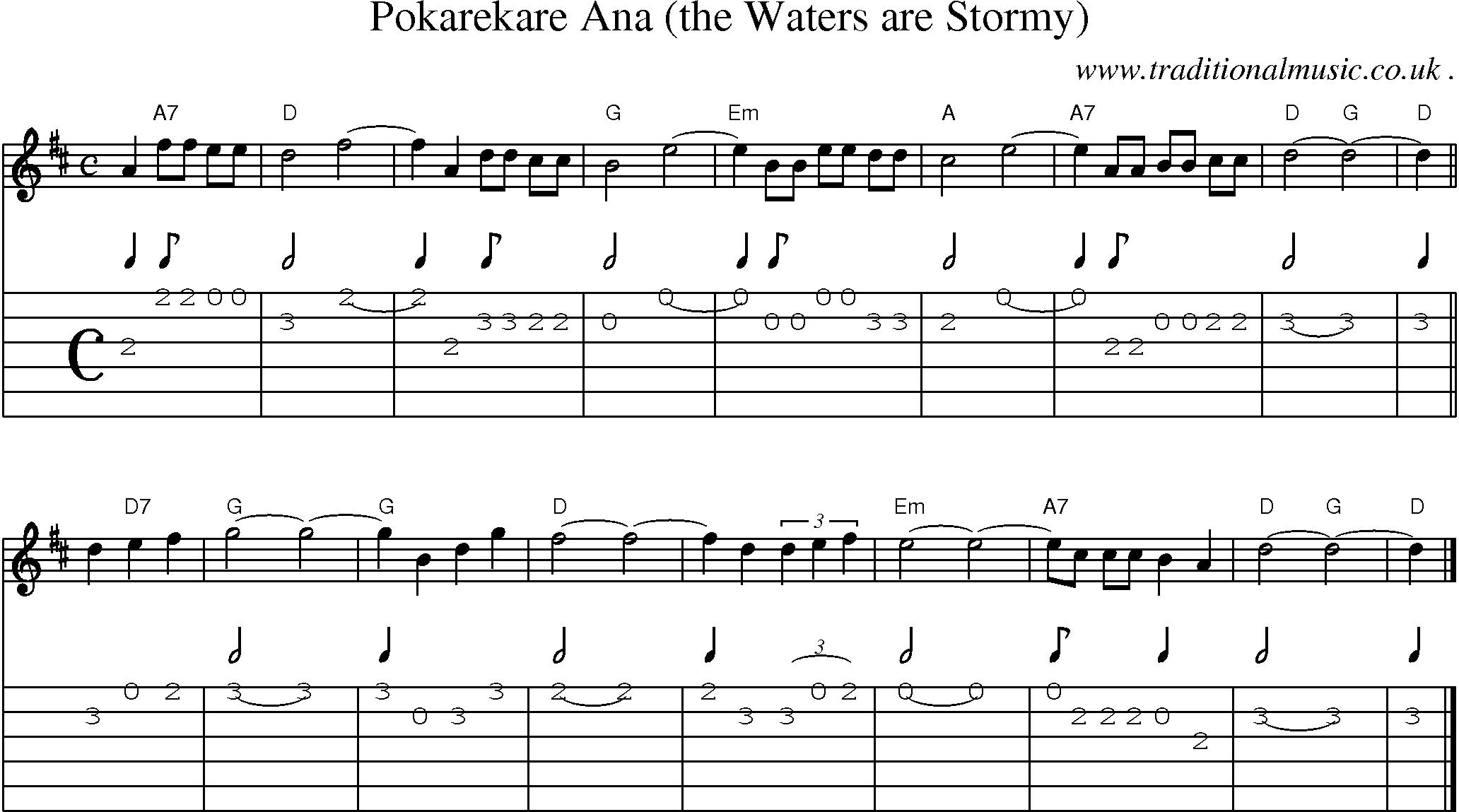 Sheet-music  score, Chords and Guitar Tabs for Pokarekare Ana The Waters Are Stormy