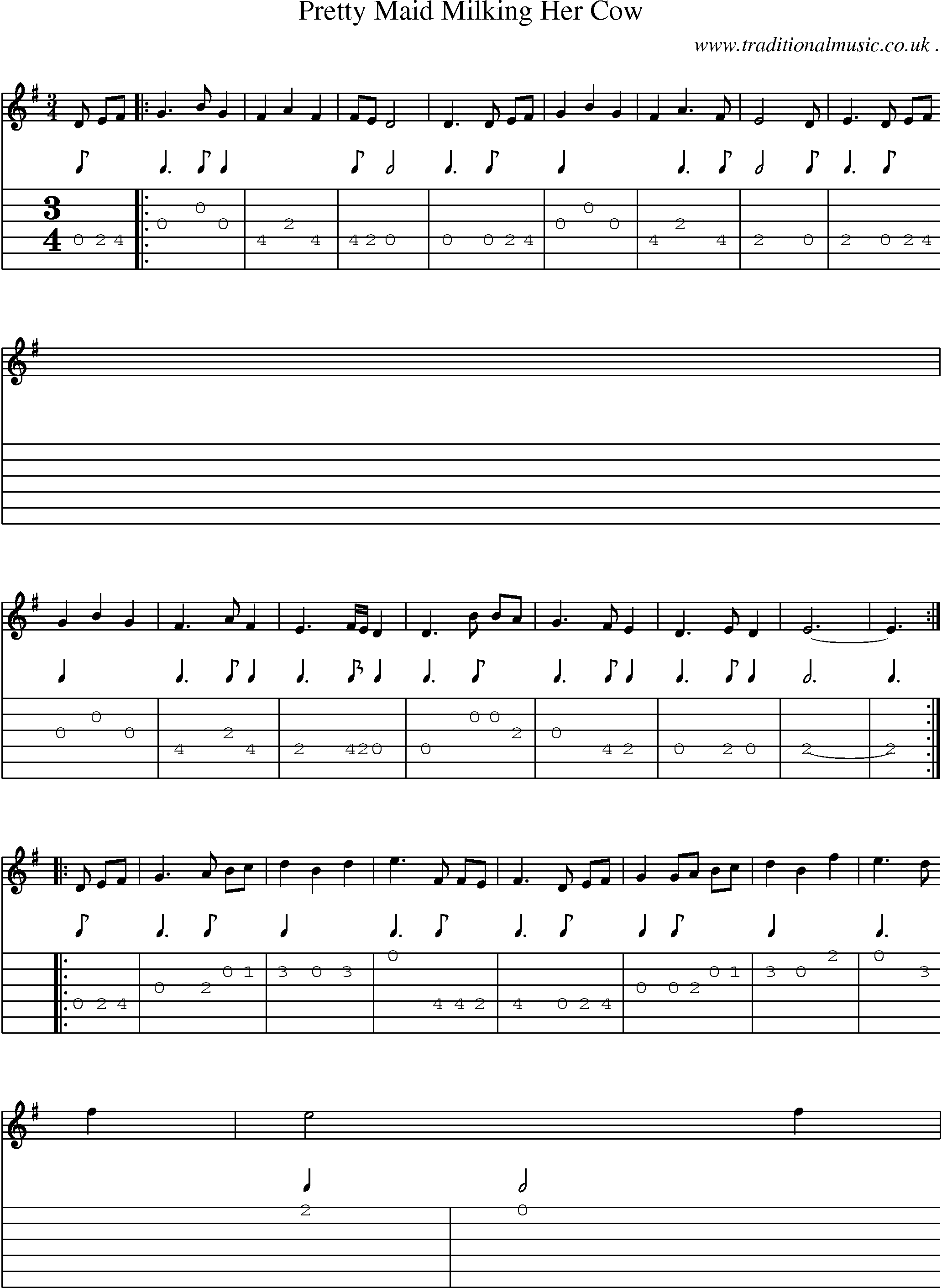 Sheet-music  score, Chords and Guitar Tabs for Pretty Maid Milking Her Cow