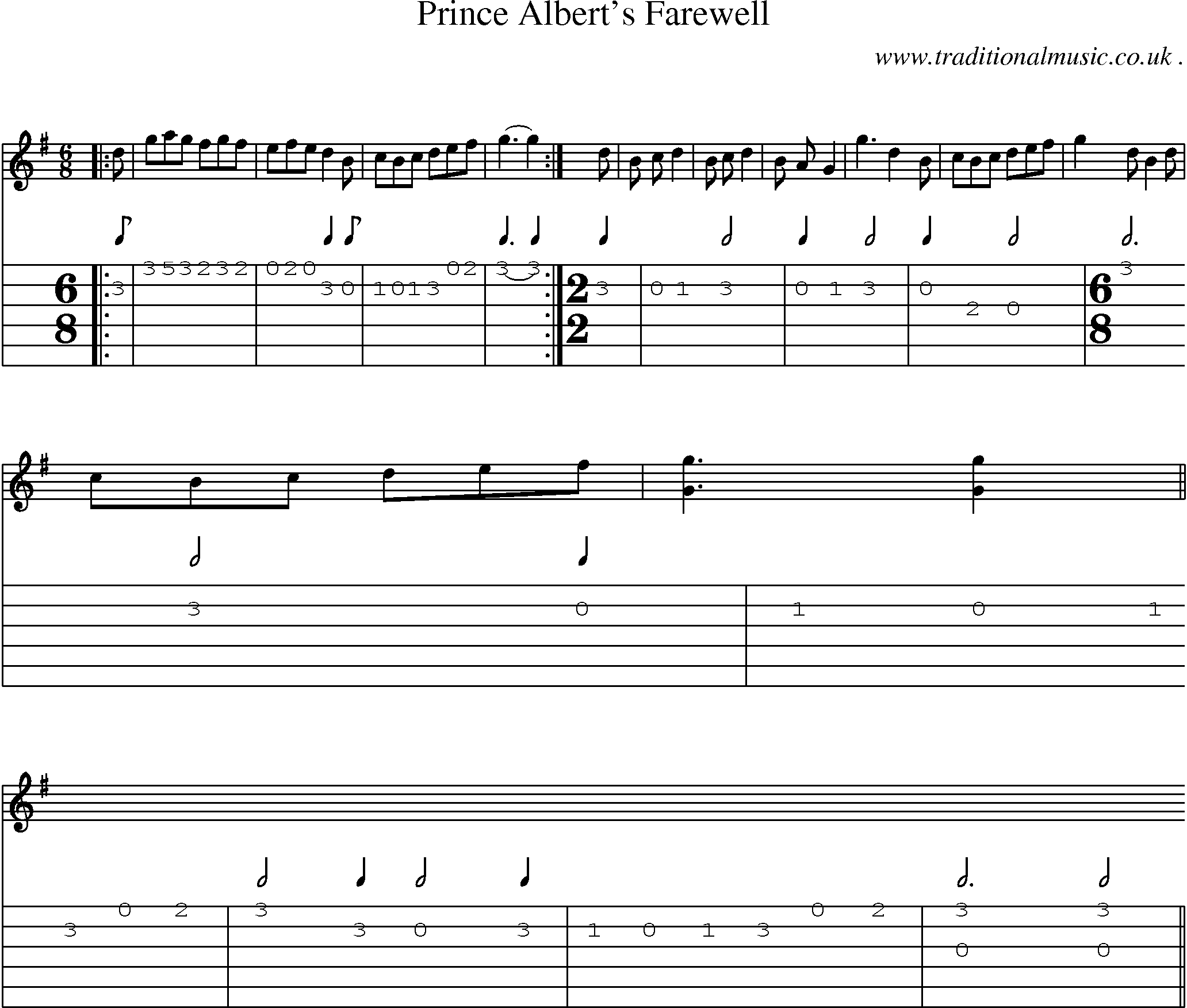 Sheet-music  score, Chords and Guitar Tabs for Prince Alberts Farewell