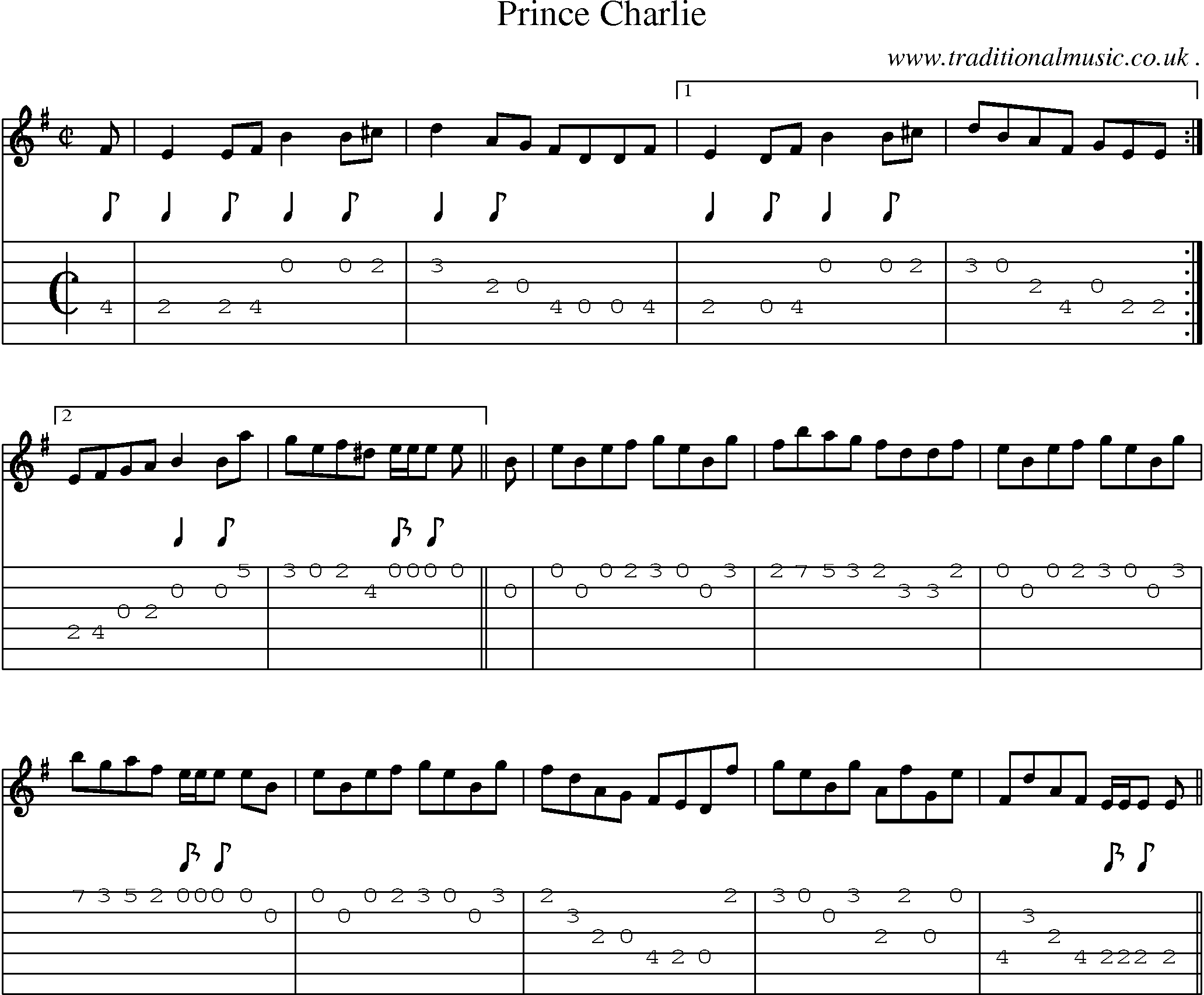 Sheet-music  score, Chords and Guitar Tabs for Prince Charlie